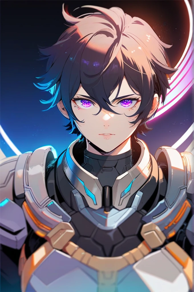 Imagine an anime girl with robotic and futuristic features. He has dark hair and eyes that shine with an intense purple light.. He wears black and metallic armor and holds a purple luminous sphere in his hand., which appears to be a source of energy or an object of power. The background is dark, illuminated by blue and white neon lights, and there are complex mechanical structures that indicate an industrial or cyber environment.
