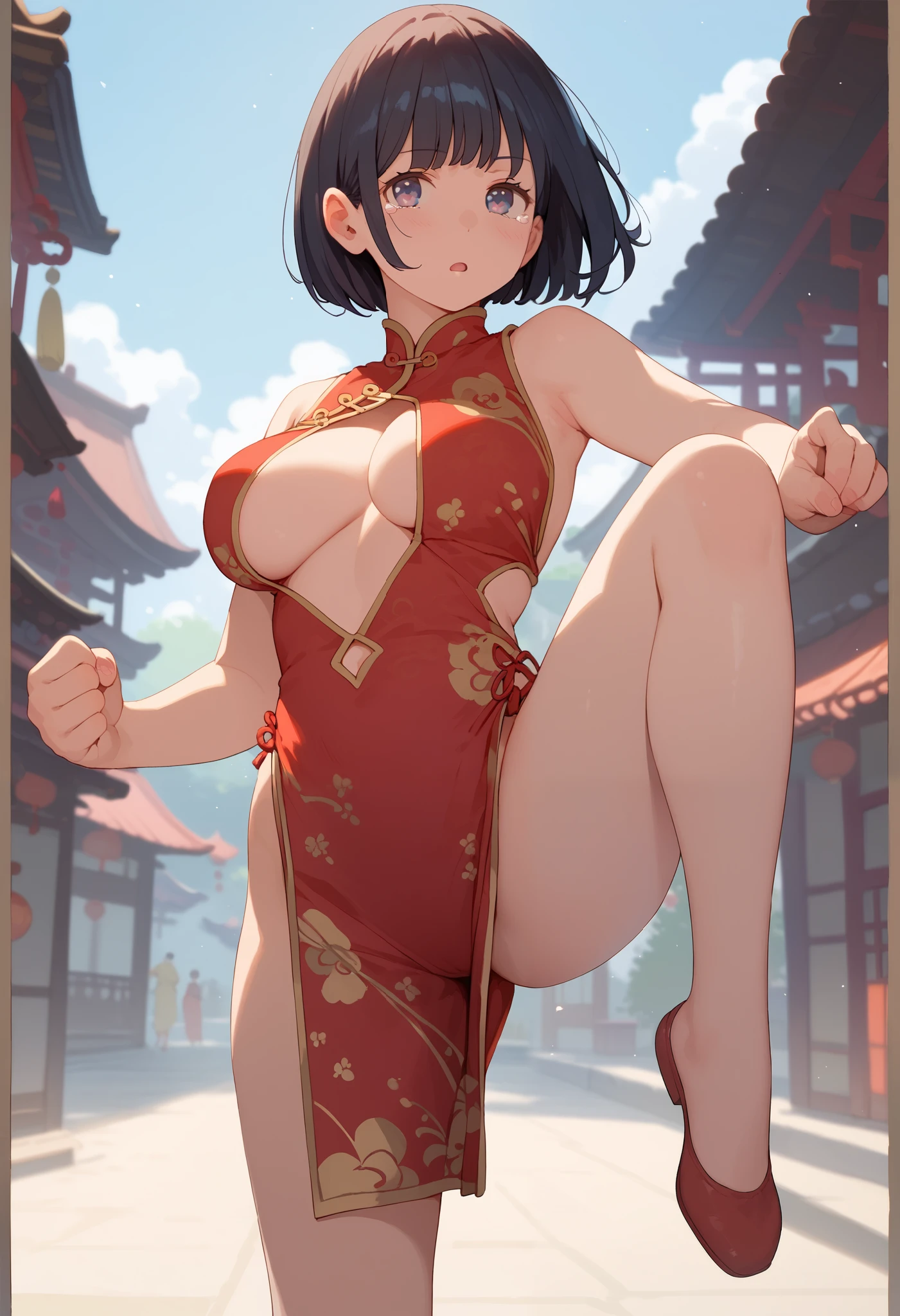 1girl, pucca, double bun, red dress, chinese clothes, black pantyhose,closed eyes, frown, city <lora:pucca-000003:1>