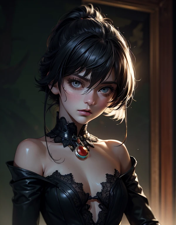 Cute Girl, (high quality: 1.3), lens, masterpiece, (sharp focus: 1.5), (lifelike: 1.3), medium portrait (A beautiful young vampire woman, pale skin, Gothic, Still proud and fierce, Black short bob straight hair, dark appearance, Wearing a sophisticated dark tunic, dark atmosphere, But shape it in a way that contrasts light and dark), it&#39;night, (highly refined skin), (Detailed face), Detailed background, dark light, twilight lighting, Volumetric lighting, intricate details, ultra high definition,