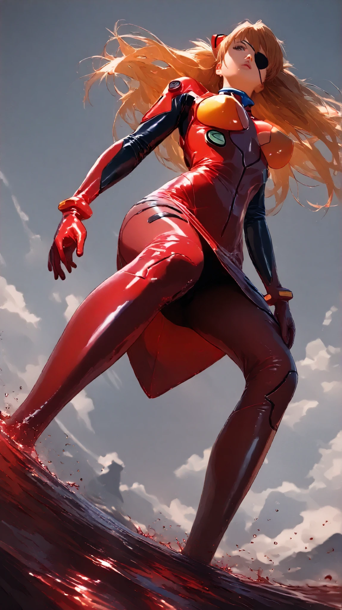 ( Masterpiece, top quality, 8k, sharp concentration, depth synthesis, realistic skin texture, very detailed background), anime style for beautiful breasts, Alone, 1 female, 1 girl, Soryu Asuka Langley, neon genesis evangelion, Eye patch, red plug suit, (low angle from below ground:1.3),(upskirt),(Focus on her from below:1.3)