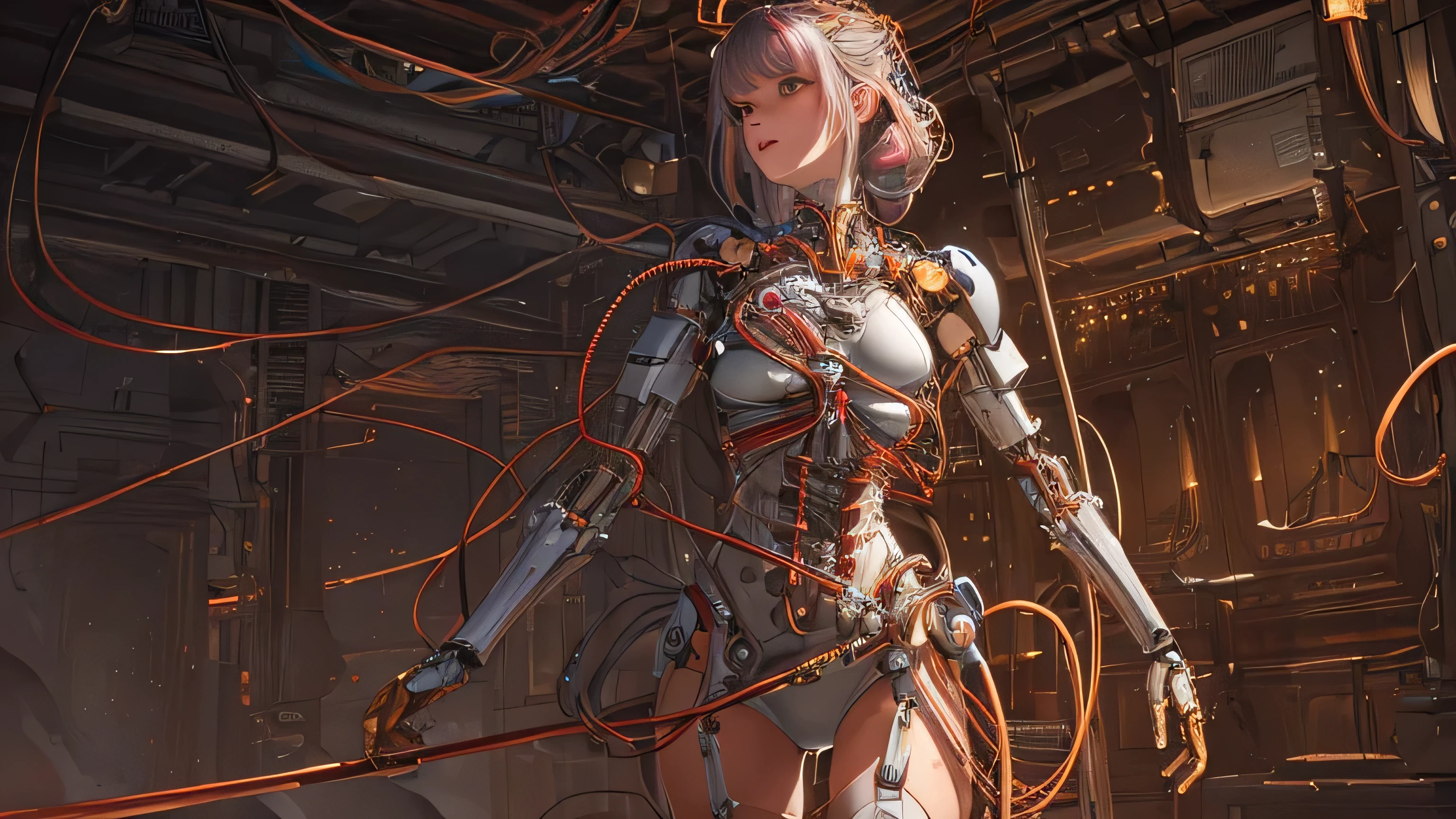 ((( Masterpiece))), ((( top quality))), (( ultra high resolution)), ( Elaborate CG Illustration ), (( very delicate and beautiful)), cinematic light ,(( 1 Mechanical Girl )),Alone,(cowboy shot:1.2),(Mechanical joints:1.2),((Mechanical Limbs)),(blood vessels connected to tubes),( A mechanical vertebra that attaches to the back ),(( Mechanical neck that attaches to the neck )), expressionless ,( wires and cables connected to the neck :1.2),(Head Wiring and Cables:1.2),( character focus ), sci-fi, extremely detailed, colorful, best details, loongs,wind,background,