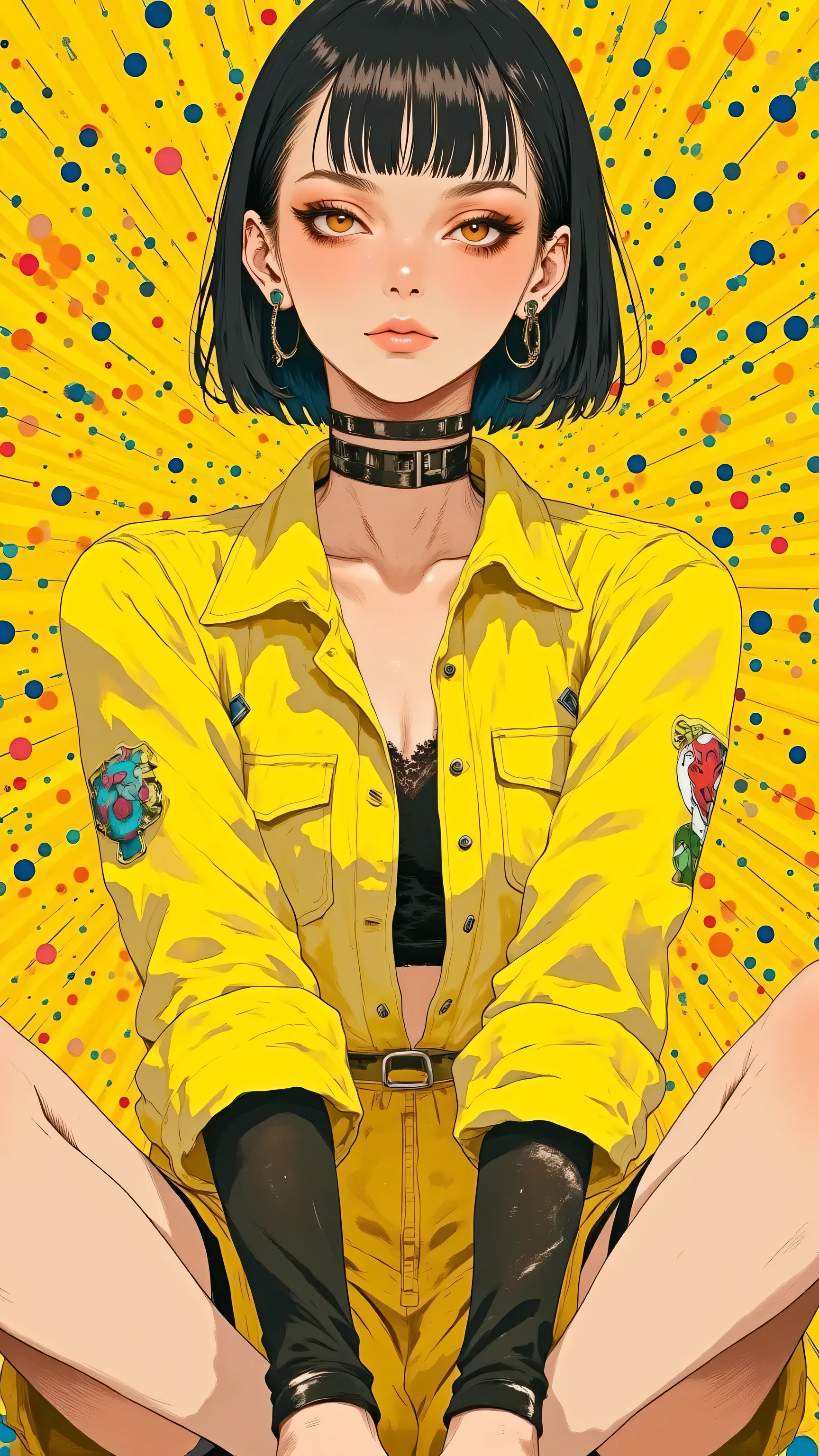 8k, masterpiece, highest quality, Korea's Beautiful Women, short black bob haircut, bangs, yellow outfit, polka dot background, bright yellow and black color scheme, geometric patterns, mod fashion, 1960s inspired, checkered socks, seated pose, vibrant contrasts, studio photography, stylized composition, pop art aesthetic