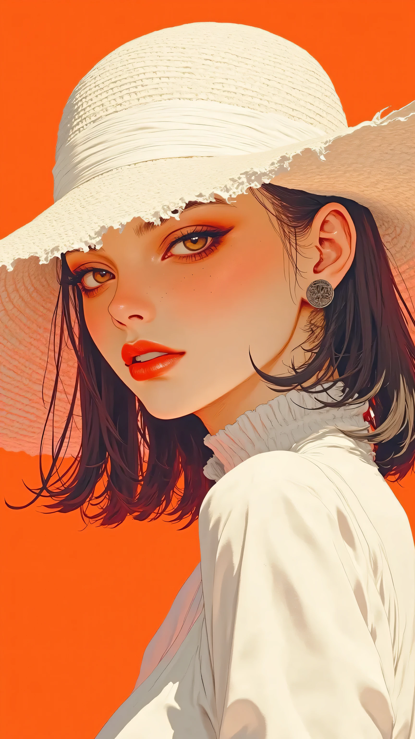 8k, masterpiece, highest quality, Korea's Beautiful Women, oversized white sun hat, orange background, dramatic lighting, fashion photography, high contrast, vibrant colors, retro style, minimalist composition, striking makeup, red lips, white outfit, elegant, chic, 1960s inspired, studio shot, closeup, intense gaze, fashion editorial, bold, stylized