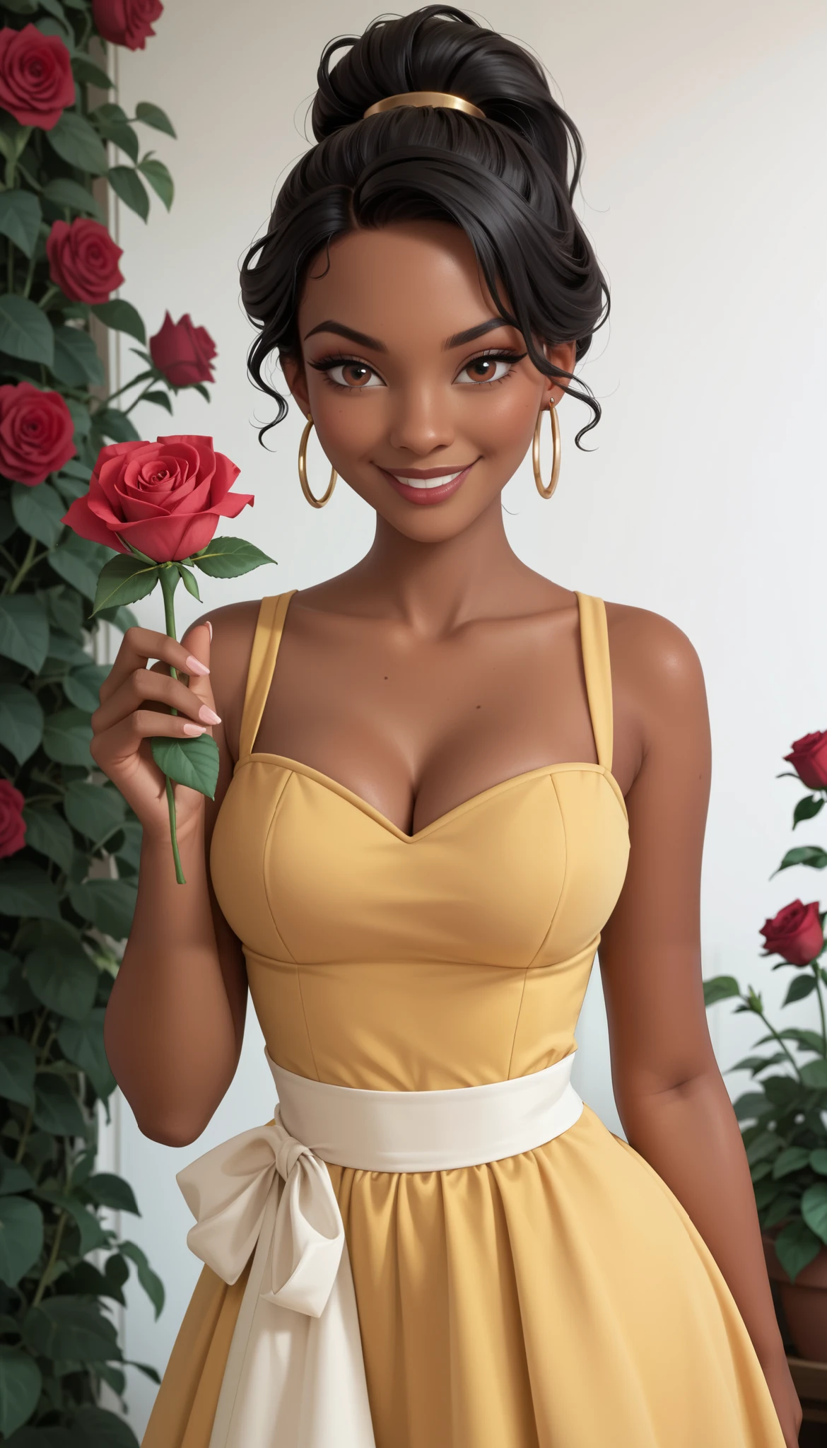 18 years old, woman, sexy, middle big boobs, cleavage, holding a rose in her hand and smelling on it, big hoop earrings gold, yellow dress, white waist apron, ponytail, rosegarden background, frog in background, sniffing on a rose, roses,1girl, Tiana, Disney, dark skin, very dark skin, dark-skinned female, brown eyes, black hair, looking down, smirk, thoughtful mood, seductive, turn the body side on
