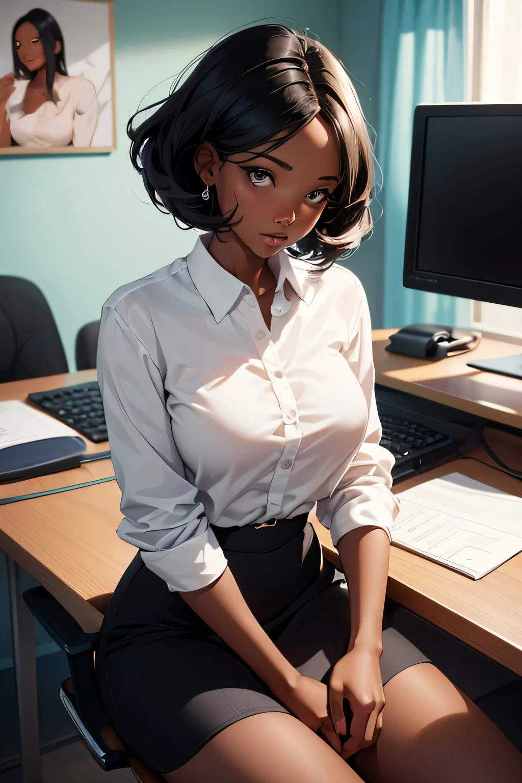 Solo, female, woman, dark skin, glasses, glossy lips, black eyeliner, thick eyelashes, office uniform, upper body shot, big breasts.
