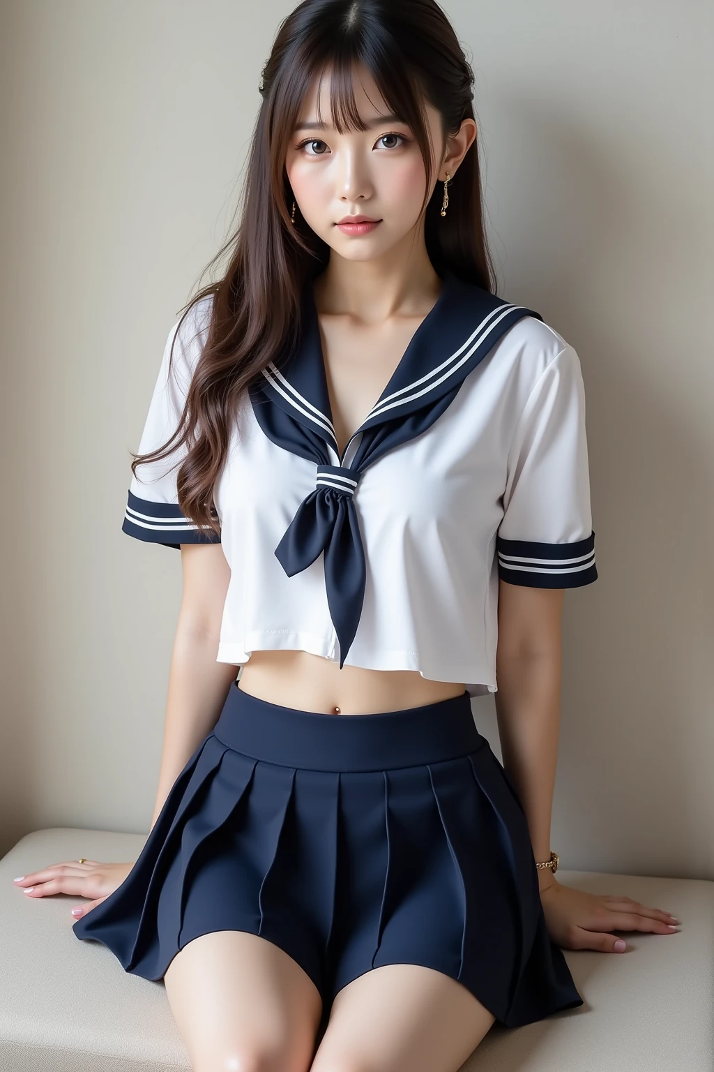 (masterpiece:1.3),High resolution,(8K, High resolution:1.2),(RAW Photos), (Realistic:1.3),One Girl,,Middle school students,Very cute girl,Beautiful white skin、Japanese,Black Hair,short hair,Big eyes,Glossy lips,(Slender figure:1.3),Sailor suit,Short sleeve,(Ultra Mini Skirt:1.5),Thighs,Photographed from the knees up,blush、smile、Cleavage、