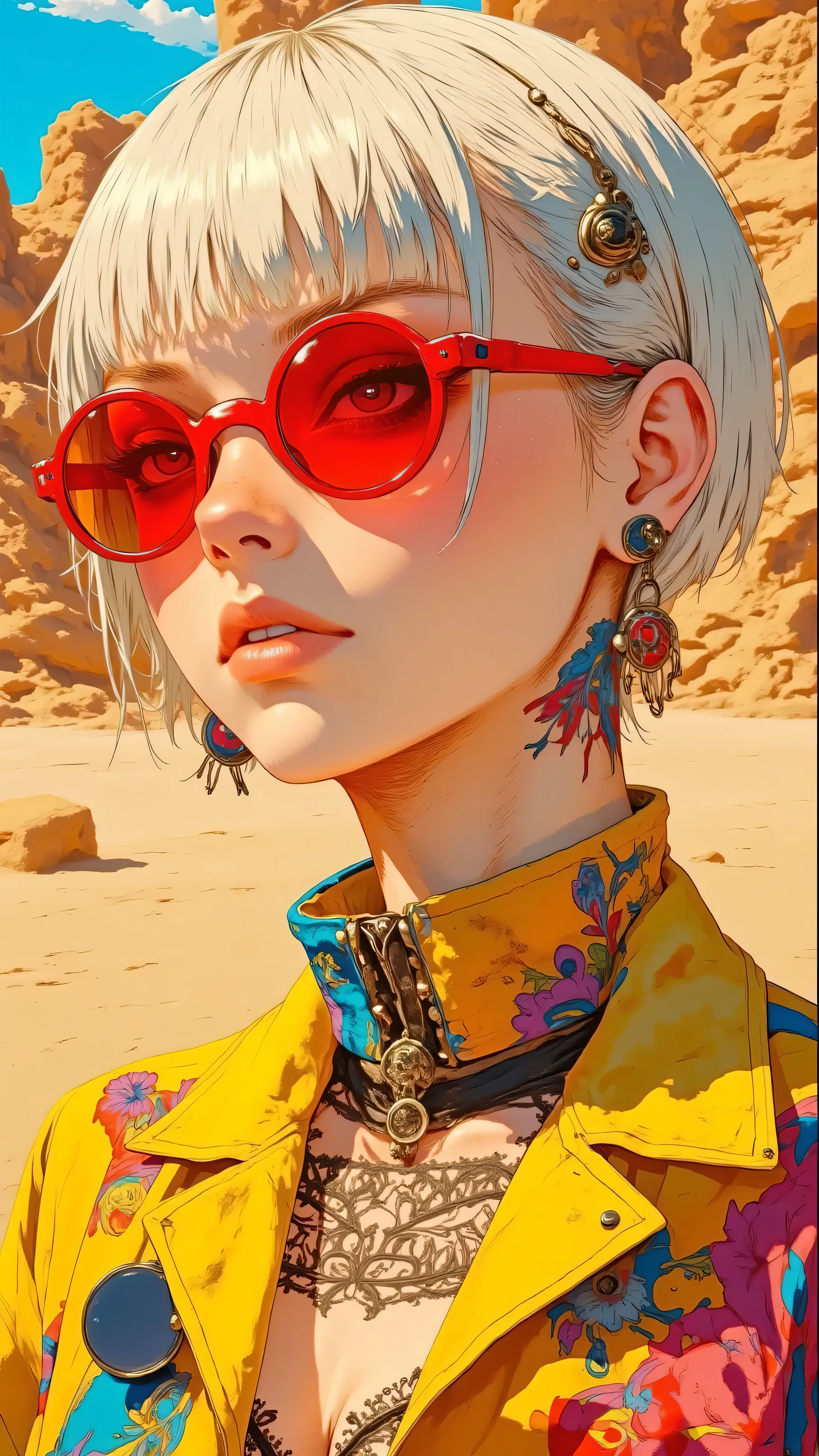 8k, masterpiece, highest quality, Korea's Beautiful Women, vibrant orange round sunglasses, platinum blonde pixie haircut, colorful patterned outfit, yellow collar, ornate earrings, sunlit warm tones, desert background, high contrast, detailed fabric textures, bold color palette, expressive pose, striking fashion editorial style, close-up shot, intricate patterns, artistic lighting,