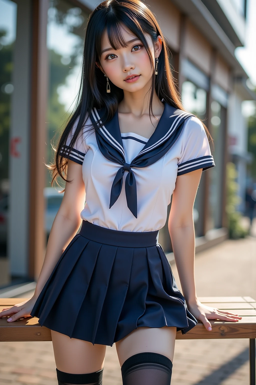 ((highest quality、8k、masterpiece:1.3)),((((cowboy shot)))),Ultra-high resolution,big eyes,Japanese,bangs,(a girl),(1 girl),((20 years old)),((facing at viewer)),(long hair),(((black sailor uniform))),grin,((sitting on chair)),(pleated mini skirt),(((pussy))),((pubic hair)),((skirt lift)),((short crew socks))