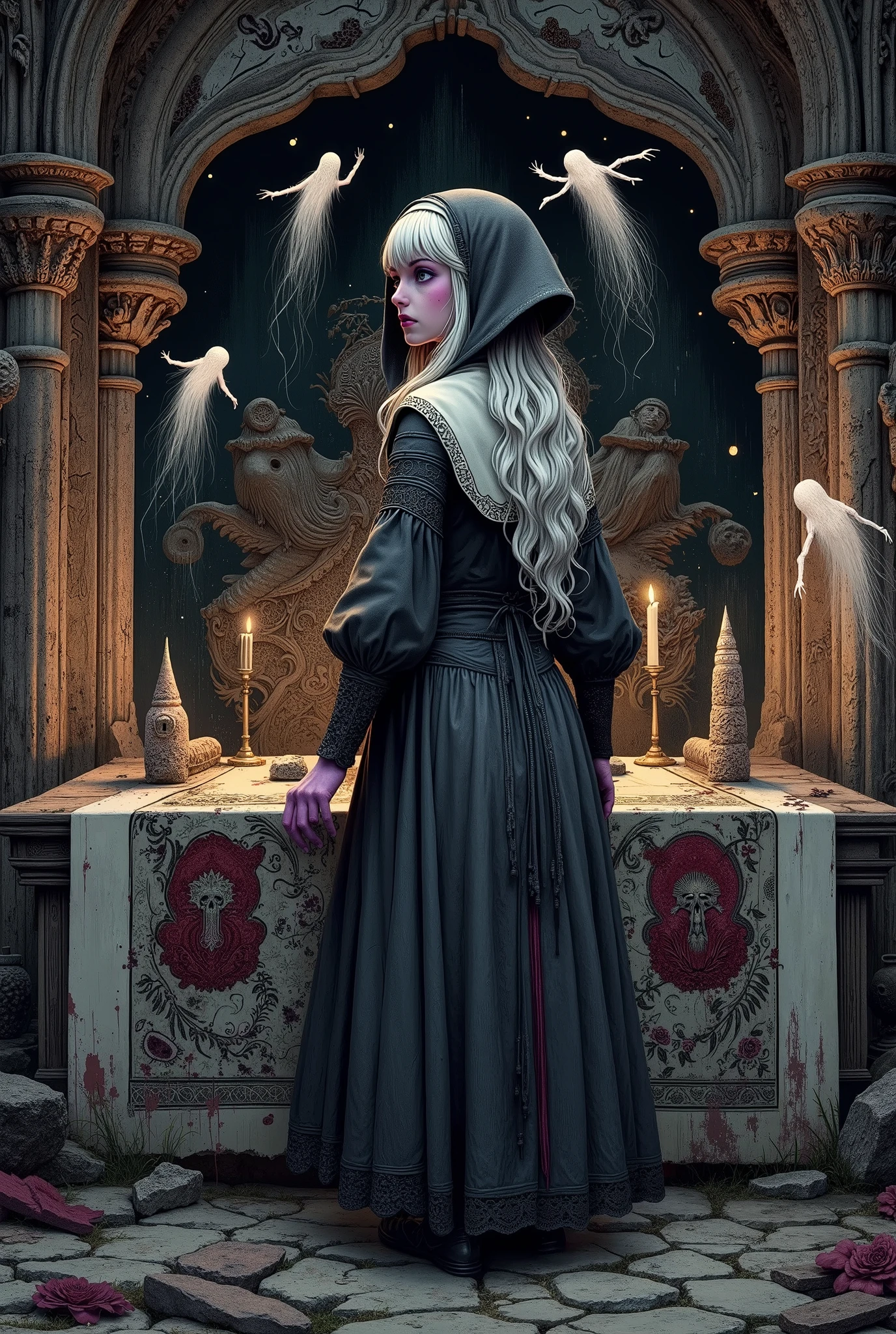 (Ultra-detailed face, Looking away, Gothic Illustration, Dark tone colors. She has five fingers on her hands and five toes on her feet.), BREAK
(Overlooking composition, midnight, medieval Eastern Europe, ruins of an old, huge Romanesque church, jet-black interior, fresh blood stained glass, twisted space, black gas, miasma, Victorian, decaying curtains, rotting furnishings, medieval knight's armor, stone statue of a demon.), BREAK
(A young elf nun stands with her back to the side of the Creedence table in a dark, ruined church chapel. Several thin, white, translucent figures float around her.), BREAK
(She has white hair, white eyebrows, blunt bangs, long wavy hair down to her feet, small pink lips, lavender eyes, dark purple skin, and thick eyeliner. Her eyes are downcast.), BREAK
(She wears a nun's veil and a dark gray nun's habit with black lace ruffles and embroidered religious paintings in crimson threads. She wears modest gray sandals.)