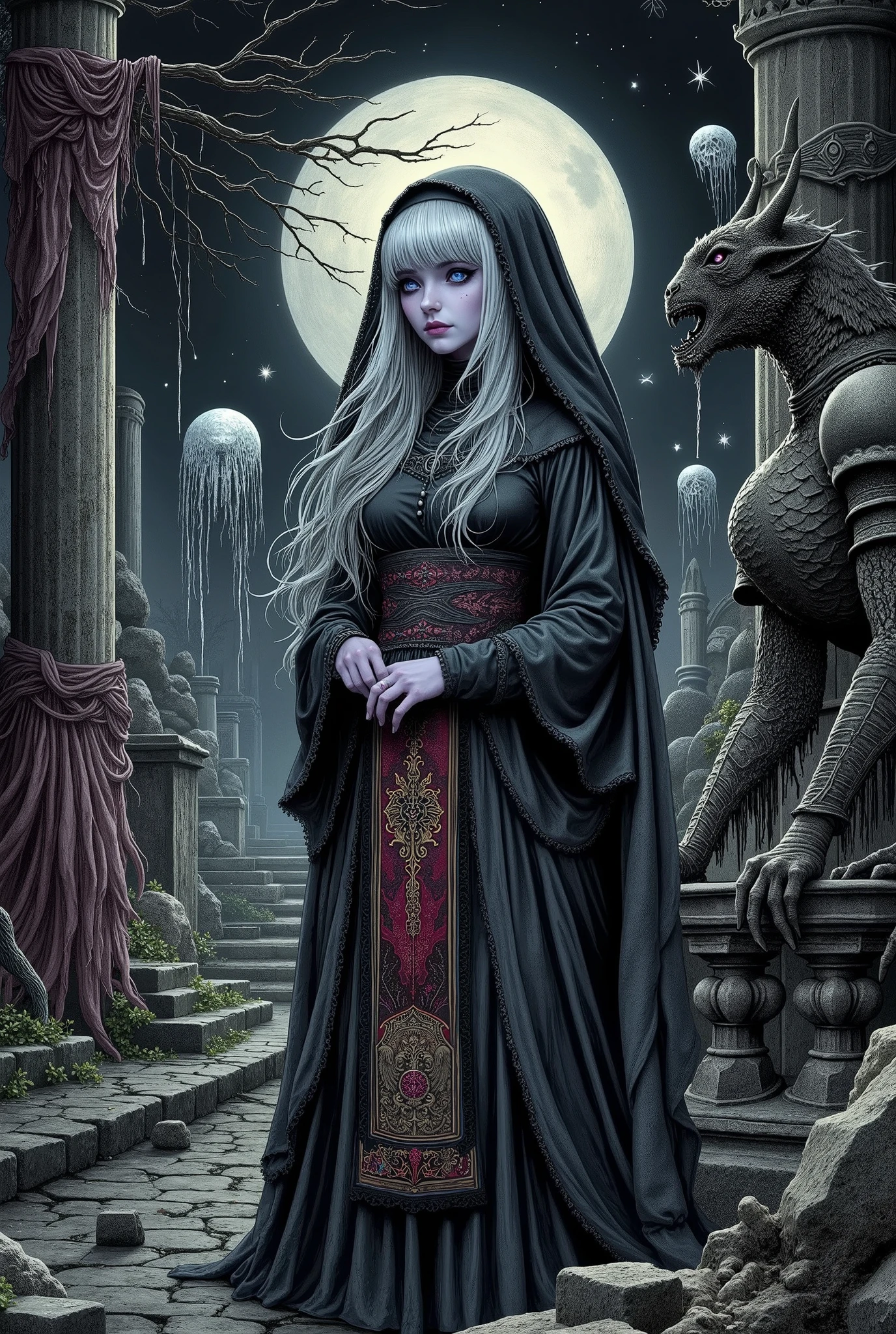(Ultra-detailed face, Looking away, Gothic Illustration, Dark tone colors. She has five fingers on her hands and five toes on her feet.), BREAK
(Overlooking composition, midnight, medieval Eastern Europe, ruins of an old, huge Romanesque church, jet-black interior, fresh blood stained glass, twisted space, black gas, miasma, Victorian, decaying curtains, rotting furnishings, medieval knight's armor, stone statue of a demon.), BREAK
(A young elf nun stands with her back to the side of the Creedence table in a dark, ruined church chapel. Several thin, white, translucent figures float around her.), BREAK
(She has white hair, white eyebrows, blunt bangs, long wavy hair down to her feet, small pink lips, lavender eyes, dark purple skin, and thick eyeliner. Her eyes are downcast.), BREAK
(She wears a nun's veil and a dark gray nun's habit with black lace ruffles and embroidered religious paintings in crimson threads. She wears modest gray sandals.)