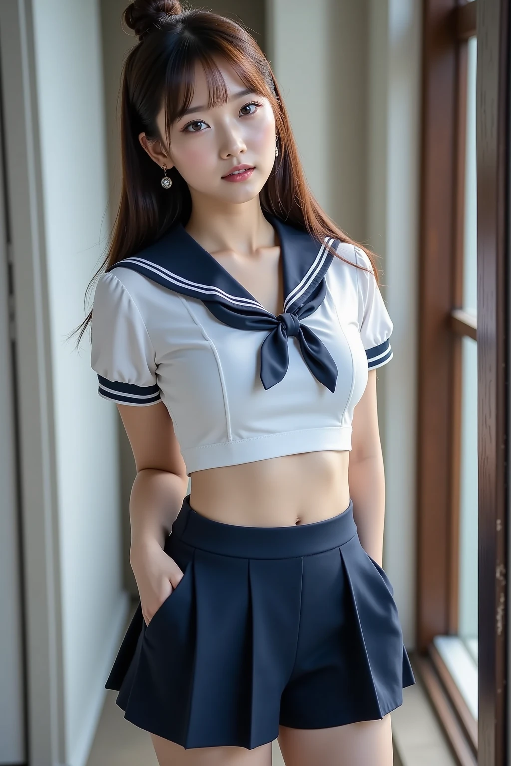 1a beauty girl、hi-school girl、a sailor suit、Photo seen from below、a miniskirt、Lower milk is visible、I can see my panties.、full body Esbian、A slight smil、Chestnut hair、black girdle stockings、black panties are visible、wearing a guard belt