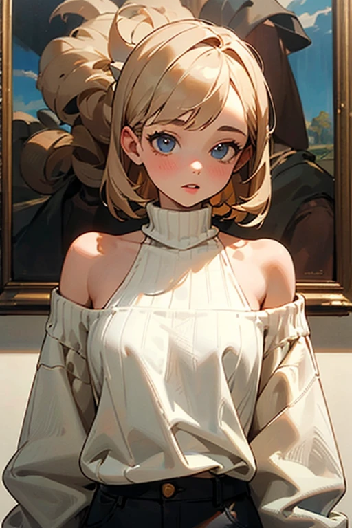 (), Big ,(Masterpiece), Best Quality, extremely detailed, (watercolor), Bloom, delicate and beautiful, illustration, (from below),(1 girl:1.4), (Alone:1.2), small breasts, (ribbed sweater:1.3), suéter con bare shoulders, (Short shorts:1.2), bare shoulders, (under the chest), ((Dark skin:0.8)), pretty eyes, (messy hair ), Photography, Over the shoulder shot, by Alex Maleev, professional, canon camera, nikon camera, sharp, bokeh, Studio quality, fisheye lenses, by Robert Capa ,