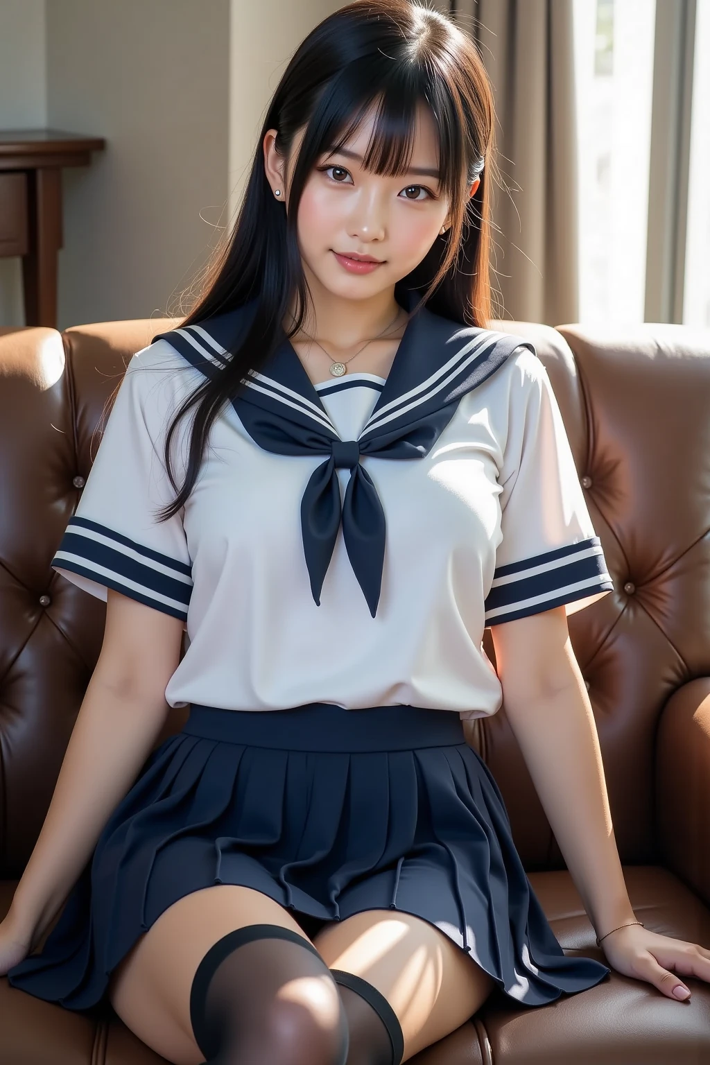 ((highest quality、8k、masterpiece:1.3)),((((fullbody shot)))),Ultra-high resolution,big eyes,Japanese,bangs,(a girl),(1 girl),((20 years old)),((facing at viewer)),(long hair),(((black sailor uniform))),grin,((squatting)),(pleated mini skirt),(((pussy))),((pubic hair)),((skirt lift)),(((short crew socks)))