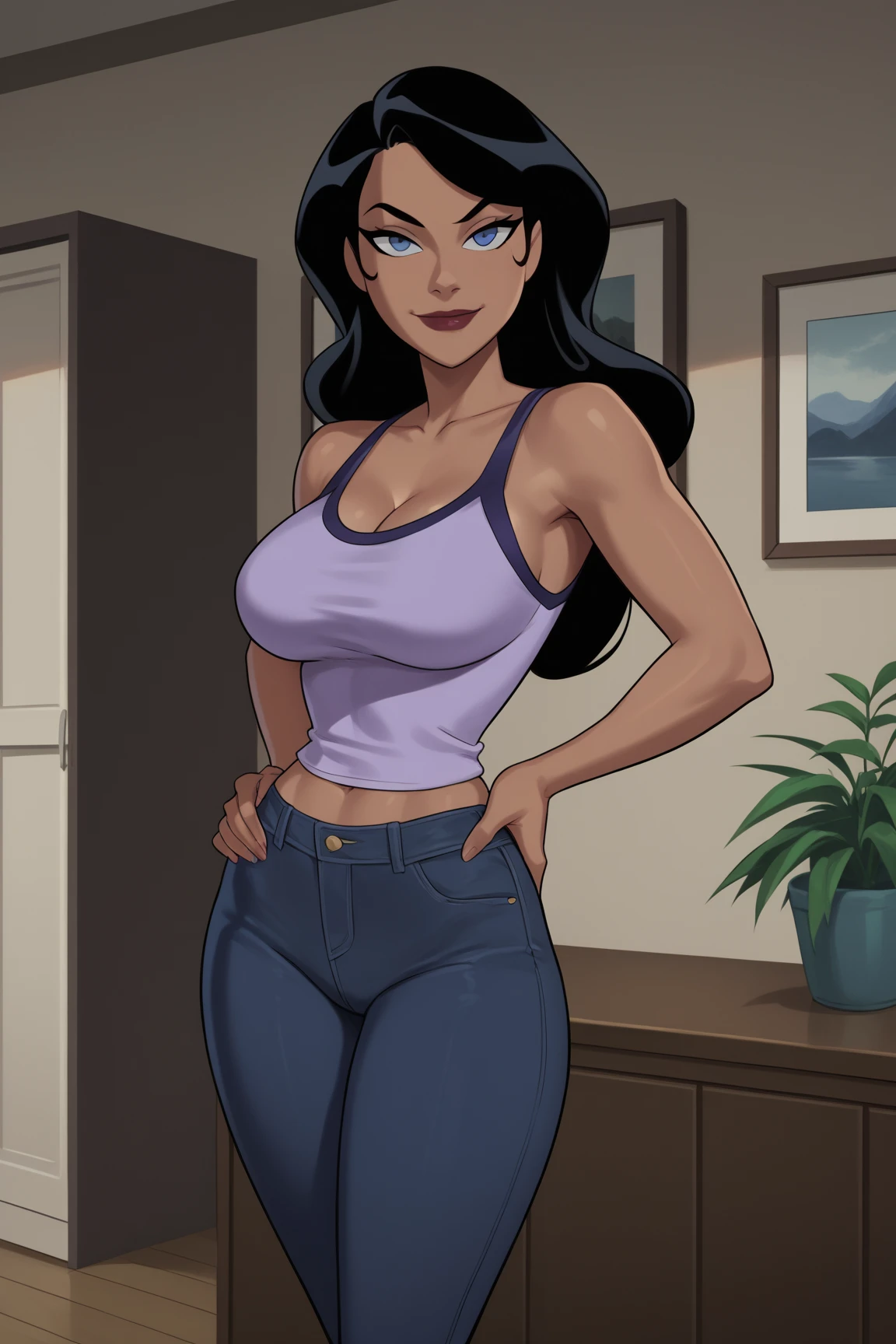 beautifull woman, 30 years old, black hair, wearing a purple transparent shirt with a sexy mini bra and worn jeans with exposed thong threads, sexy pose