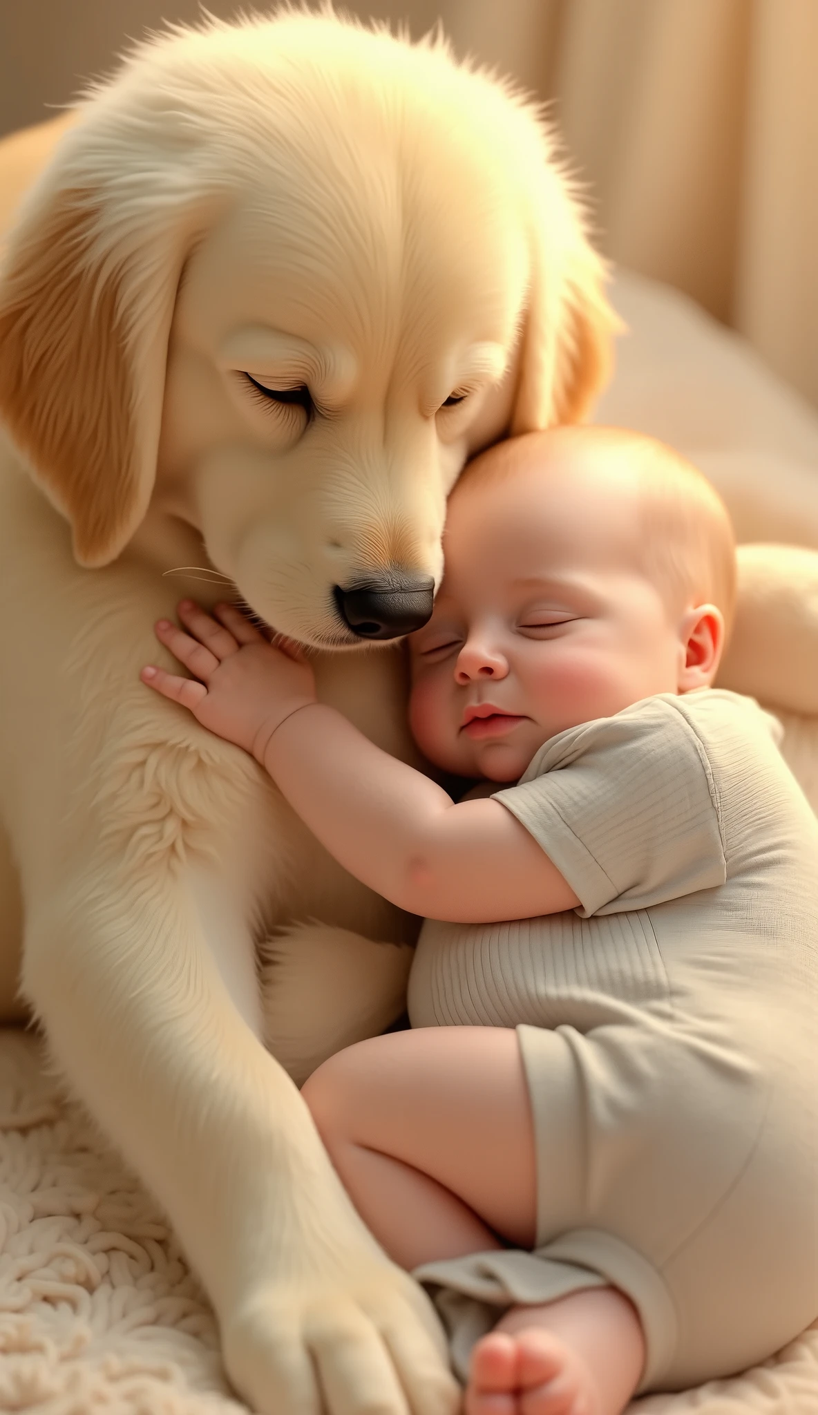 Warm Embrace/A warm hug/Warm embrace、very cute 、Golden retriever sleeping with a babyy andden retriever、A golden retriever with a gentle gaze
