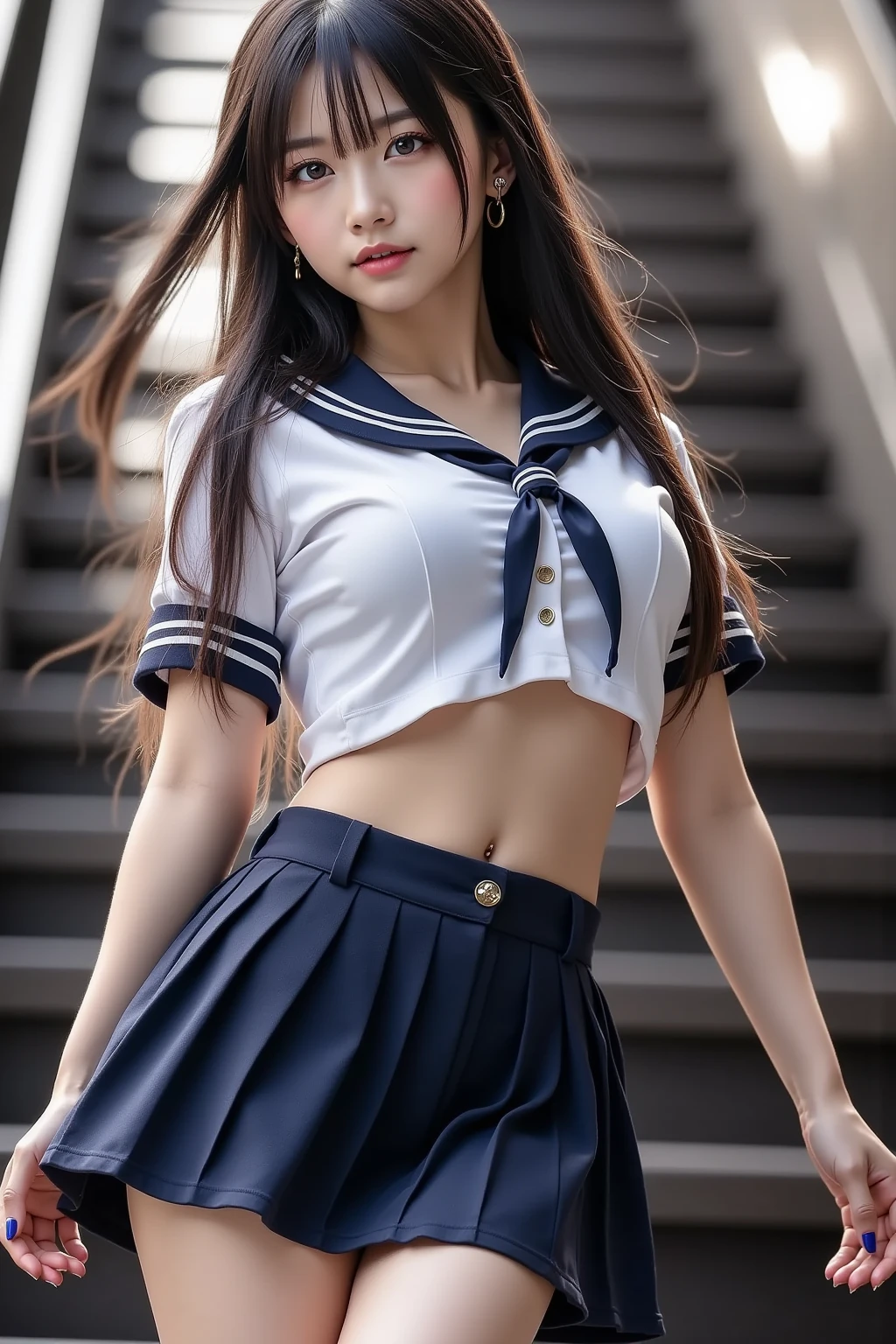 A young shy woman, using a sailor uniform, garter belt, brown hair, tanned skin, medium breasts, medium butt, 
