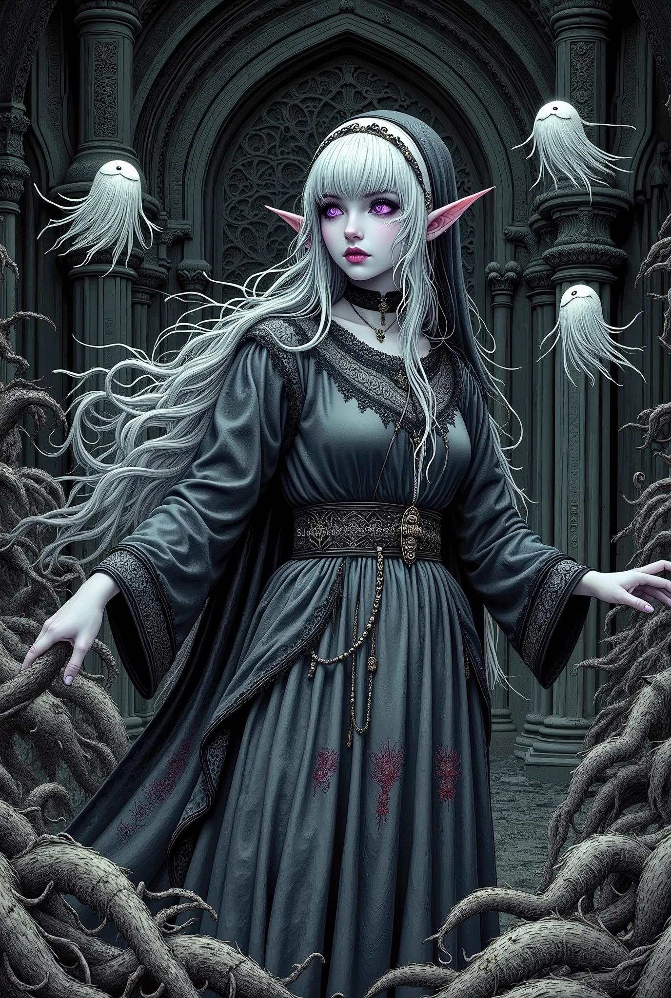 (Ultra-detailed face, Looking away, Gothic Illustration, Dark tone colors. She has five fingers on her hands and five toes on her feet.), BREAK
(Overlooking composition, midnight, medieval Eastern Europe, ruins of an old, huge Romanesque church, jet-black interior, fresh blood stained glass, twisted space, black gas, miasma, Victorian, decaying curtains, rotting furnishings, medieval knight's armor, stone statue of a demon.), BREAK
(A young elf nun stands with her back to the side of the Creedence table in a dark, ruined church chapel. Several thin, white, translucent figures float around her.), BREAK
(She has white hair, white eyebrows, blunt bangs, long wavy hair down to her feet, small pink lips, lavender eyes, dark purple skin, and thick eyeliner. Her eyes are downcast.), BREAK
(She wears a nun's veil and a dark gray nun's habit with black lace ruffles and embroidered religious paintings in crimson threads. She wears modest gray sandals.)