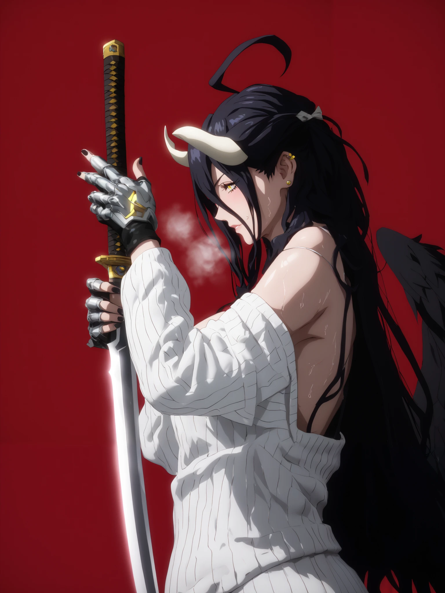 score_9, score_8_up, score_7_up, score_6_up, score_5_up, score_4_up, uncensored, albedo \(overlord\), black hair, long hair, demon horns, slit pupils, yellow eyes, mature female, 3d, cgi, (voluptuous:1.3), (thick:1.3), BREAK UHD, retina, masterpiece, accurate, anatomically correct, textured skin, super detail, high details, high quality, award winning, best quality, highres, 4K, black nails, makeup, eyelashes, excessive sweating, sweating, sweating drop, (gasping, heavy breathing:1.3), (skindentation:1.2), perfect eyes, beautiful eyes, eyelashes, makeup, detailed body, perfect body, BREAK, 1girl, weapon, solo, sword, red_background, katana, holding_weapon, holding, simple_background, ear_piercing, sheath, holding_sword, mechanical_arms, profile, from_side, sheathed, looking_at_viewer, cyborg, white jacket, sweater dress, off shoulder, black short