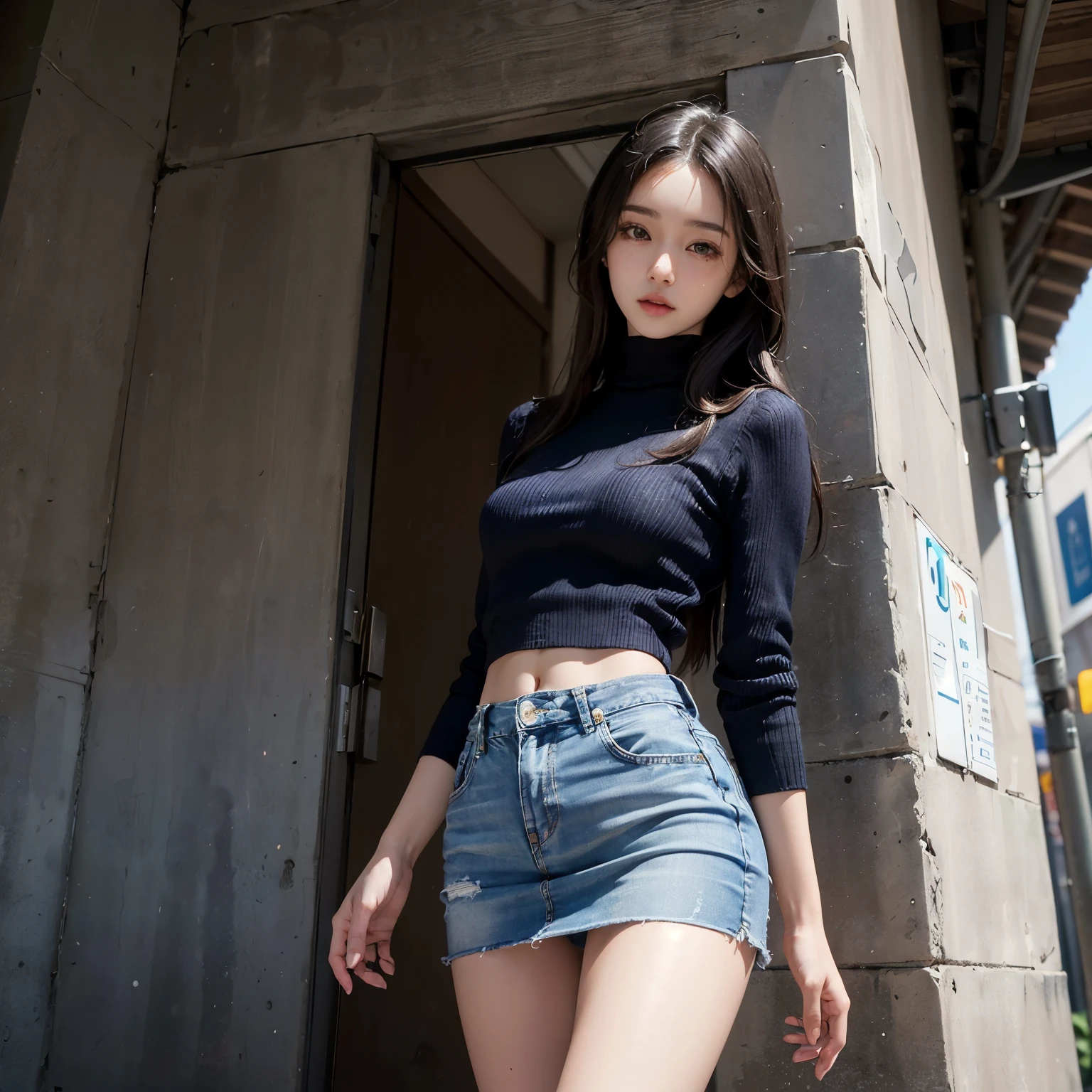 young woman seen from the floor, 25-years old、It's okay to wear a skirt, View from below, I can see my panties,huge-breasted, ((Very detailed)), (Perfectly detailed face), (Highly detailed hands), ,panties on,a miniskirt,Lace panties、stairway、I can see my panties