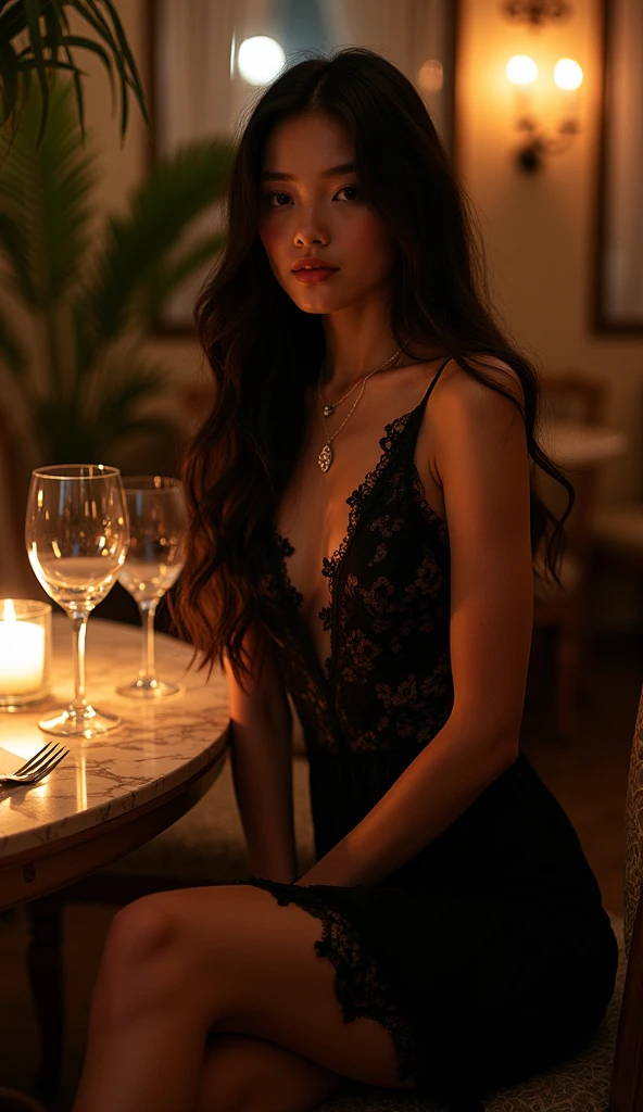 backside of a woman, long black hair, black dress, over shoulder gloves, holding glass of wine in hand.