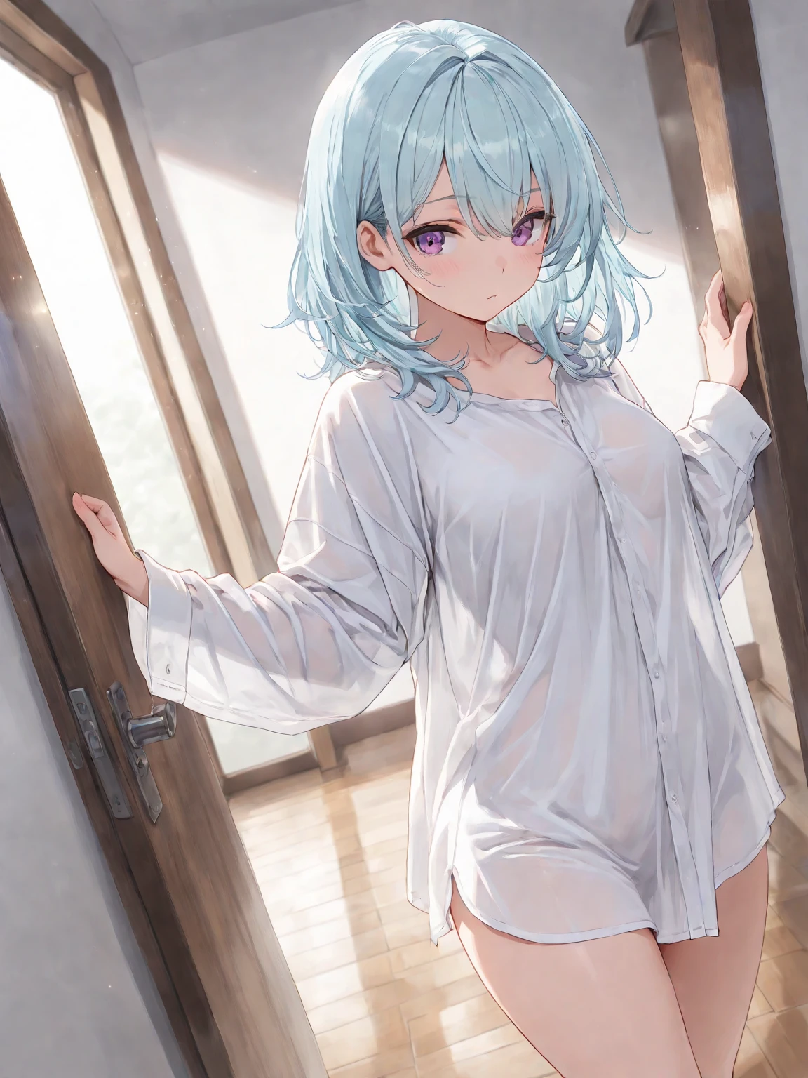 ((8k, Highest quality, masterpiece: 1.3)),Ultra-high resolution,(1 girl, alone), (Color changing eyes, Ultra-detailed, Expressive brilliance, Glitter, Glowing Eyes), Highly detailed eyes, Highly detailed face, Random Hair, ((pastel colour)),In the warm glow of sunset filtering through her bedroom window, a young woman with soft lavender hair sits cross-legged on the floor, facing away from the camera. She’s wearing an oversized men’s white dress shirt, unbuttoned and loosely draped over her body, showing off her bright orange bikini. Her legs are spread wide as she leans slightly forward, her posture casual and relaxed. The shirt hangs off her back, with one side slipping down her arm, exposing more of her bikini. The camera angle from behind captures the serene atmosphere of the room, with the woman’s pose adding a subtle touch of allure.