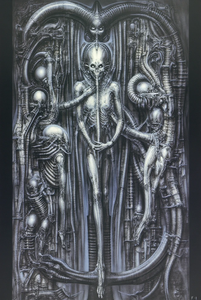 HRGigerArhP style, biomechanoid style, nsfw, Giger_style, The image is a detailed view of H.R. Giger's \" Li II \" plate, featuring a complex network of bones and organs in a purple-brown hue ,swirling gray and brown colorsgroup of three alien figures positioned in the foreground.  Emaciated and skeletal, with hollow eyes, they appear to be constructed from bone and  metallic  elements,  a  characteristic  fusion  of  organic  and  mechanical  forms  found  in  Giger's  biomechanical  art.  
 The image features a surrealistic painting featuring a woman with a skull for a head, surrounded by monstrous, tentacled beings., standing in a room with a glowing screen displaying the word \"EVE\" and a hand reaching out to touch its face.  The background is a dark and  limited  space  painted  in  a  uniform  blue-green color.  This  lack  of  detail  keeps  the  focus  on  the  figures  and  creates  a  sense  of  mystery  about  their  environment.  Receding into the distance  are  a  series  of  arches  and  tunnels  that  hint  at  a  larger  biomechanical  landscape,  possibly  the  work  of  the  creatures  themselves The artwork is silver and purplish brown, with an ivory bones prominently displayed.
This piece is likely created using pen and ink wash. The fine lines used to outline the foreground figure and the textures on the floor are consistent with pen and ink work. The background shows areas of flat tone and shading, which could have been achieved using a wash of ink or watercolor. The artwork leans heavily on dark surrealism. The central figure is humanoid but distorted, with an elongated head and insect-like protrusion on its back. The scale of the figure in relation to its surroundings is unnatural, further contributing to the surreal atmosphere. There are subtle influences of biomechanical art present. The organic form of the humanoid figure is integrated with technological element 