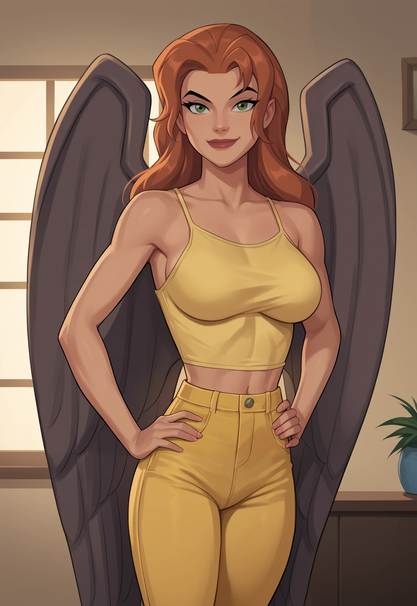 safe_pos, PonyXLV6_Scores BREAK ((retro artstyle, parody)), perfect anatomy, cowboy shot) shayera hol, wings, long hair, green eyes, flirting, raised eyebrow, ((looking at viewer)), superhero, bare shoulders, yellow tank top, yellow jeans, curvy, toned, athletic, large breasts, standing, indoors, hands on hips, smiling, closed mouth