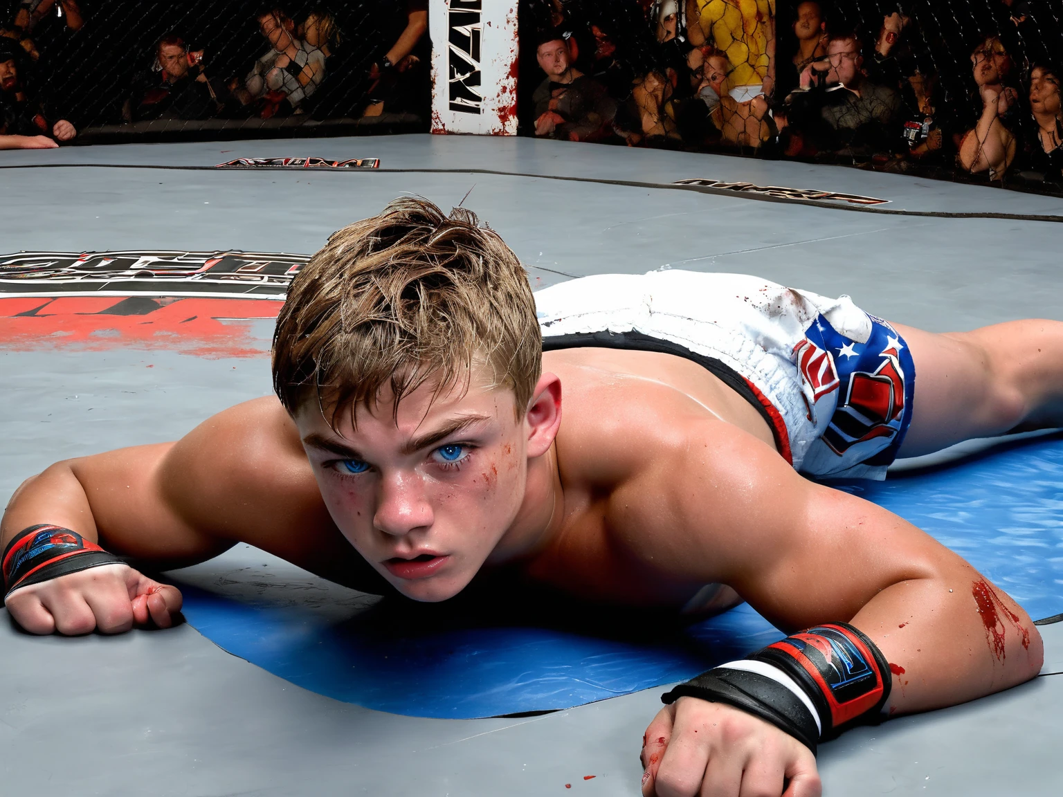 White boy, 18 years old, naked body, bloody face, on his knees, looking sadly up, in a boxing ring