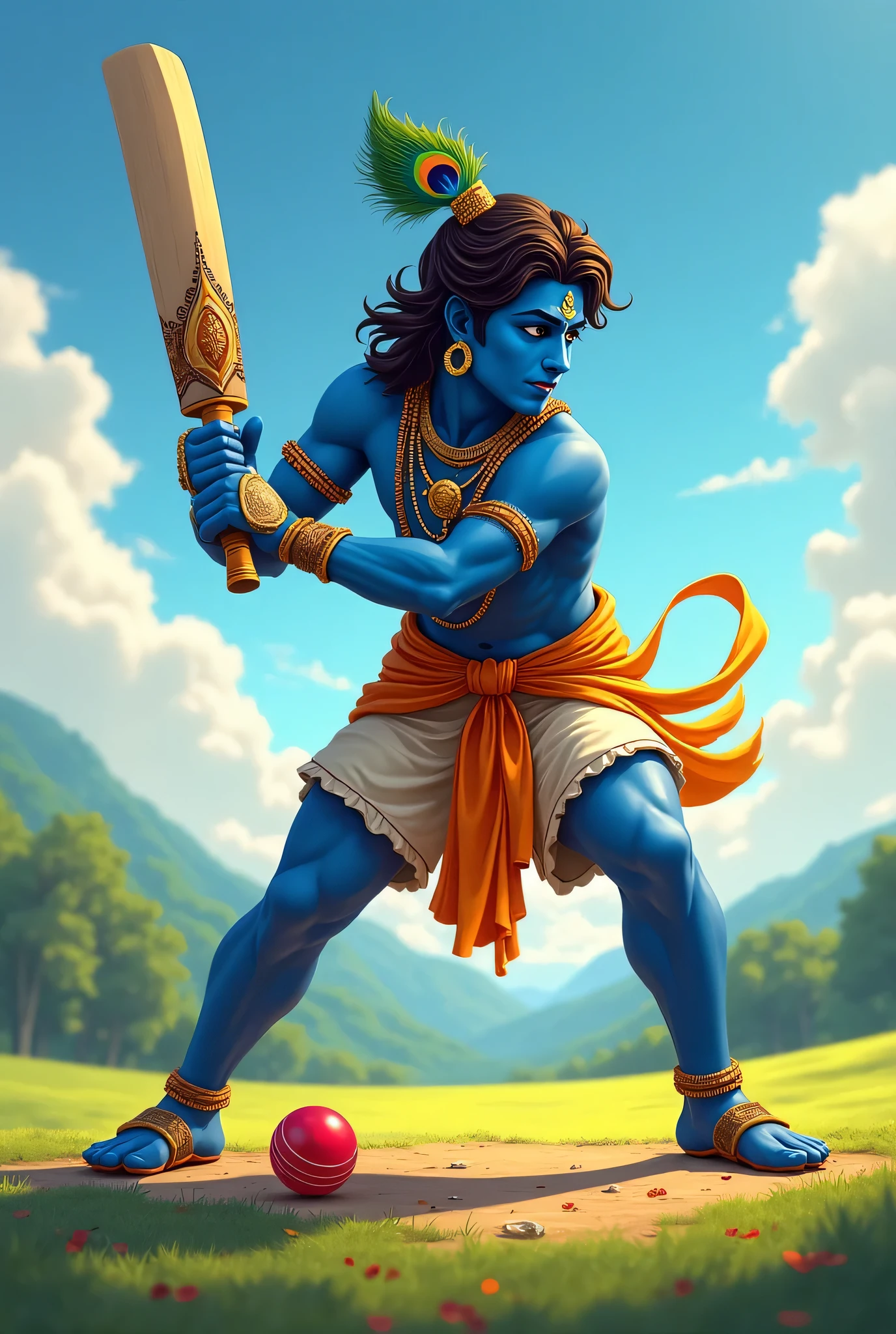 generate a krishna god playing a cricket on the ground ((vibrante coor)), ((masive hair color)), ((handsome boy )), face like a charming ((high quality image )), abstractive back ground color