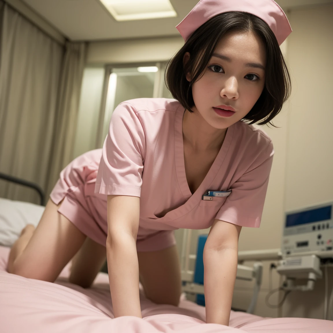 (Modern operating room with dazzling blue LED lights), ((A nice nurse undresses in the operating room with several nursing assistants.)). (Wear a white silk nurse&#39;s uniform: 1.5). 40,000, photo, Masterpiece, Highest quality, (Beautiful hair). Beautiful Japanese woman with soft breasts and white skin, Various positions. ((big: 1.2)), ((The chest is very soft.)), Highly detailed face, Detailed eyes, (She's wet). shot in the chest, blushing, shy.