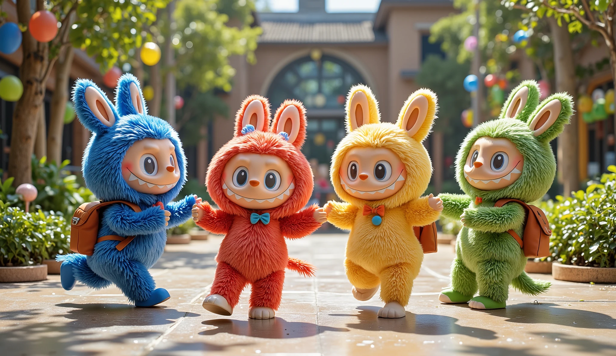 Four cheerful Labubu—blue, red, yellow, and green—dance joyfully in the zoo courtyard, their small bodies moving with playful energy. Each one wears a cute little backpack and a stylish hat that matches their fur color, adding to their charm. Their movements are full of excitement as they twirl, hop, and sway together in perfect harmony. The vibrant zoo setting surrounds them with lush greenery, colorful signs, and animal enclosures in the background. The sun shines brightly, casting soft shadows as the Labubu celebrate their lively dance in this fun, human-free scene.