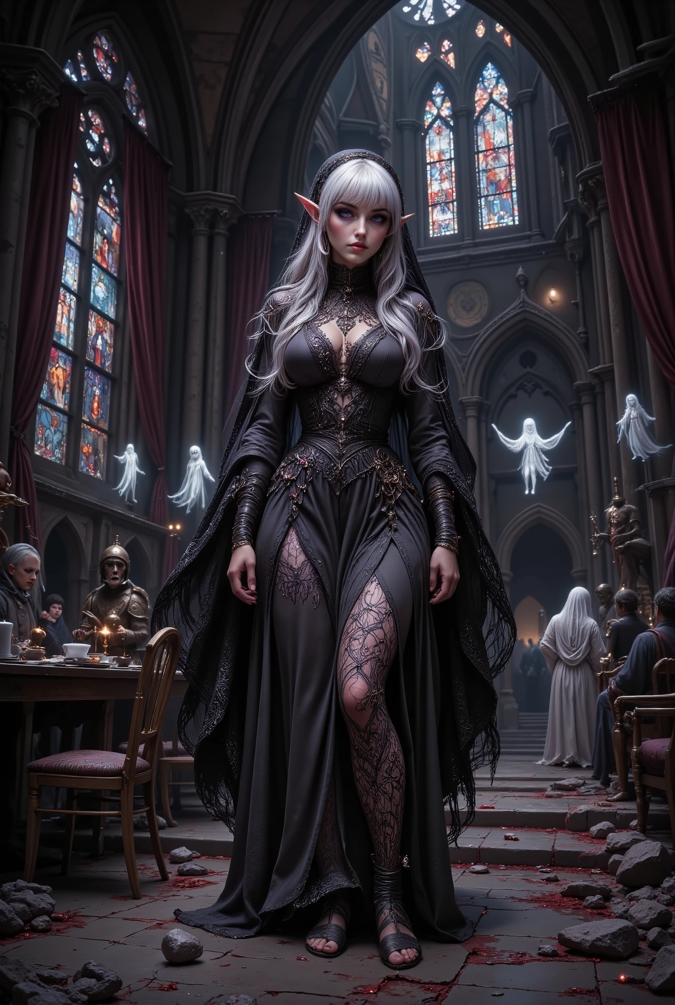 (Ultra-detailed face, Looking away, Gothic Illustration, Dark tone colors. She has five fingers on her hands and five toes on her feet.), BREAK
(Overlooking composition, midnight, medieval Eastern Europe, ruins of an old, huge Romanesque church, jet-black interior, fresh blood stained glass, twisted space, black gas, miasma, Victorian, decaying curtains, rotting furnishings, medieval knight's armor, stone statue of a demon.), BREAK
(A young elf nun stands with her back to the side of the Creedence table in a dark, ruined church chapel. Several thin, white, translucent figures float around her.), BREAK
(She has white hair, white eyebrows, blunt bangs, long wavy hair down to her feet, small pink lips, lavender eyes, dark purple skin, and thick eyeliner. Her eyes are downcast.), BREAK
(She wears a nun's veil and a dark gray nun's habit with black lace ruffles and embroidered religious paintings in crimson threads. She wears modest gray sandals.)