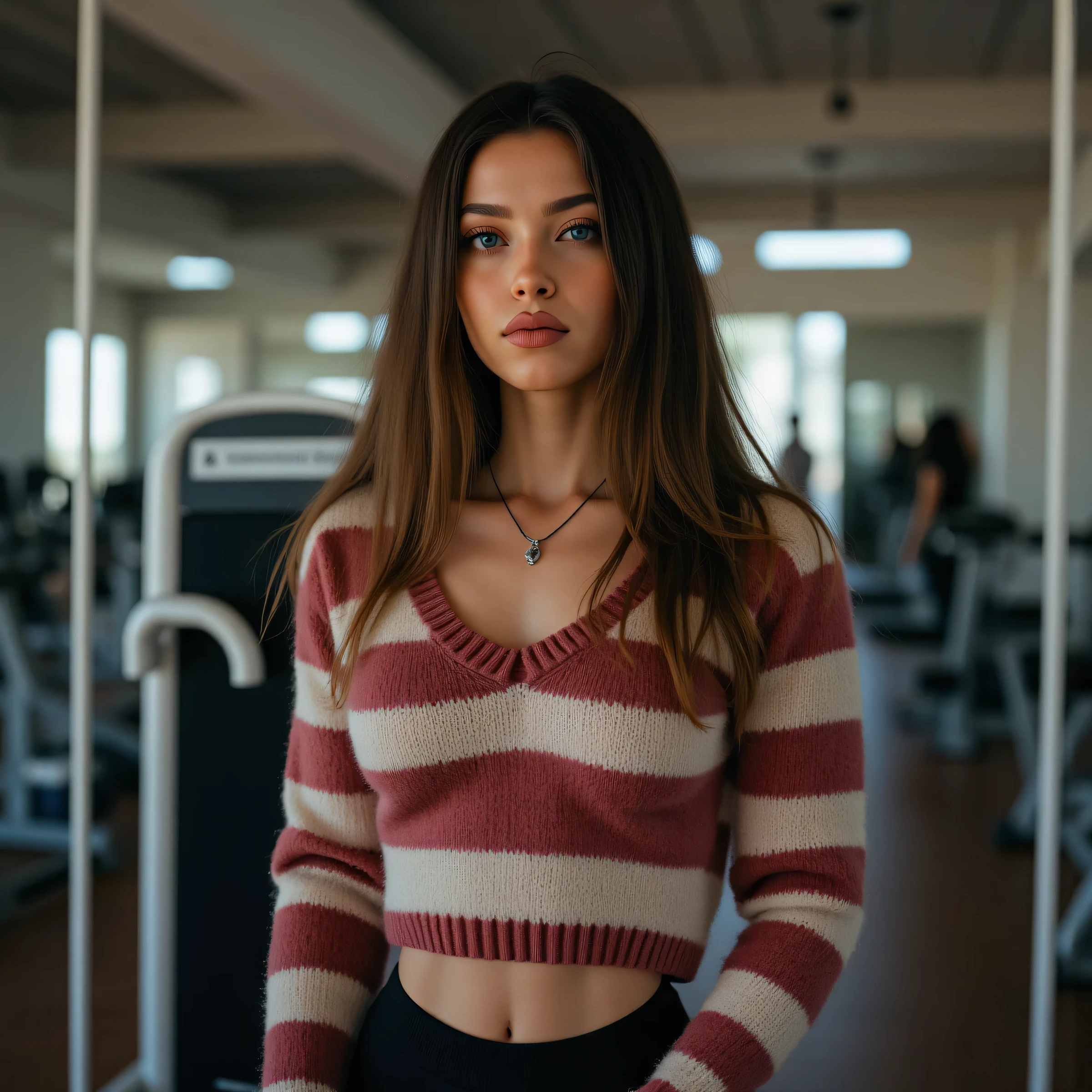 NIKON, 135 mm, (pas d'éblouissement:1.5),  Ultra HD,  masterpiece striped sweater, Accurate, Textured skin, great detail,  high detail ,  high quality, prime,   best quality, 4K, 8k, 16k,   detailed background ,  analog, photographie glamour primee, (( best quality)), (( masterpiece striped sweater:1.5)), (( realistic)),  high resolution ,  detailed facial features,  body,  extremely detailed skin , extremly  detailed eyes ,  Shibuya Station e, Mise au point claire, smooth ,  extremely detailed view , rendu octane, photo- realistic,  post-processed, (max detail:1.8), ombres  realistics, roughness, real life, ultra  realistic,  Photorealism , HDR,  Shibuya Station , mise au point nette, aesthetic,  extremely detailed clothing , ( anatomically correct :1.4), (missbo :1.8), (Alone:1.5), (blue eyes:1.9), ( detailed eyes :1.9), ( round black pupils  :1.8), (cheveux longs bruns:1.5), (  beautiful and detailed face :1.6), (Silhouette in the shape of a disheveled hourglass :1.6), (seins parfaits et volumineux:1.9), ( woman with crooked :1.5), (definite body :1.8), ( athletic body:1.8), ( narrow shoulders :1.9)   look at the side slot of Viewer  ,   seductive look  , natural hands , ( smirks :1.8),  full body plan. ( black ribbon necklace :1.5), (black tight yoga pants:1.5),  gym interior , large windows,  natural light , support de poids,  Fitness equipment ,  wooden floor, design minimaliste, high ceilings , affiches de motivation, Water bottle, towel, Intense, (corps en sueur:1.6), determination,  athletic body, Exercice, training, pink clothing , gym, basic fit, white shoe 