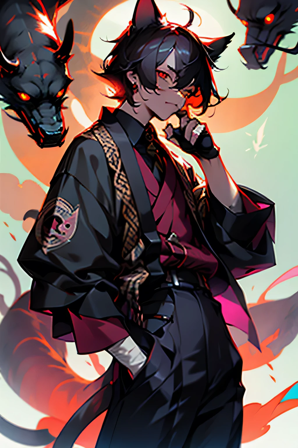 kobold with red and orange reticulated scales dressed in a black coat