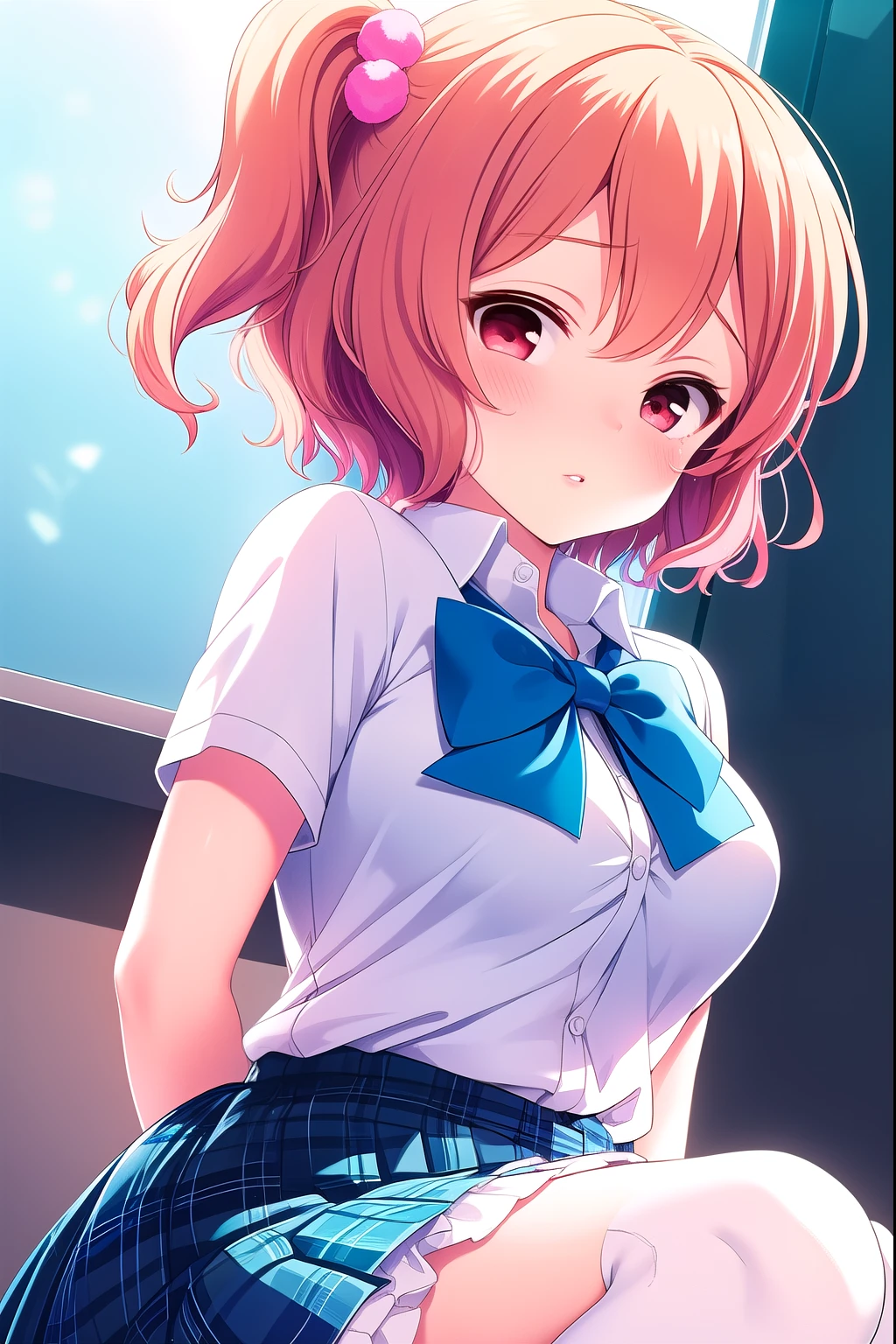 ( masterpiece, top quality), very detailed background, perfect lighting top quality, ( upper body close-up :1.3), ( angle from below:1.2), (Arms behind your back:1.2), Tomura Michiru, Alone, indoor, school classroom, orange hair, One side up, Pink hair bobble , , short hair, red eyes, medium boobs, (Blue Bowtie:1.3), white shirt, Short sleeve, blue skirt, plaid skirt、white thin thighs, 、( white knee socks), Alluring、 school uniform, in trouble、panic、blush, pink lips,
