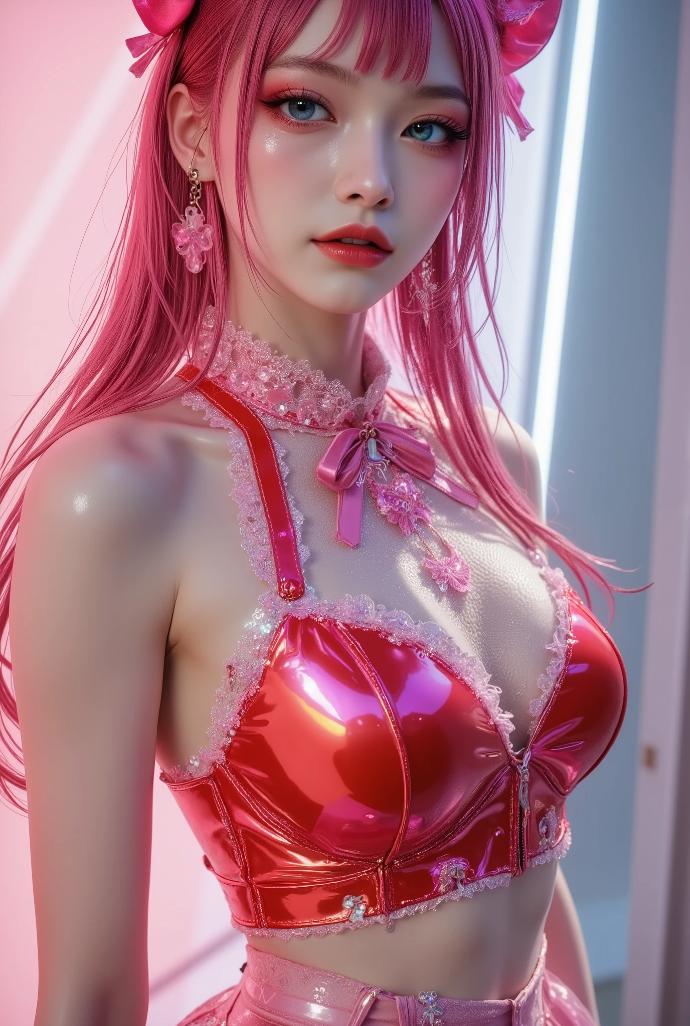 (8K, top-quality, masterpiece:1,2), (reallistic, Photorealsitic:1.37), Super Detail, One girl,), (Highly detailed), (beautifully detailed eyes), (of the highest quality), (super detailed ), (masterpiece), (Detailed face),20yr old, ,1 girl, ((pink hair,long hair)), medium breasts, clothed, Perfect Lighting, BREAK, (cut-out glossy bodysuit:1.5), (midnight red:1.3), (satin:1.2), (shiny:1.3), (white lines:1.2), (chest cut-outs, heart cut out:1.2), (tight-fitting:1.2), (silver chain necklace:1.2), (silver hoop earrings:1.2), (blue suede pumps:1.2), BRAKE, (high quality:1.5), (upper body and thighs:1.3), (long wavy pink hair:1.3), (mysterious smile:1.2), (downcast eyes:1.2), (looking at viewer:1.2), (dancing:1.2), (cutouts visible:1.2), (burgundy background:1.2), (dramatic lighting:1.2), BRAKE (sweat:1.5),