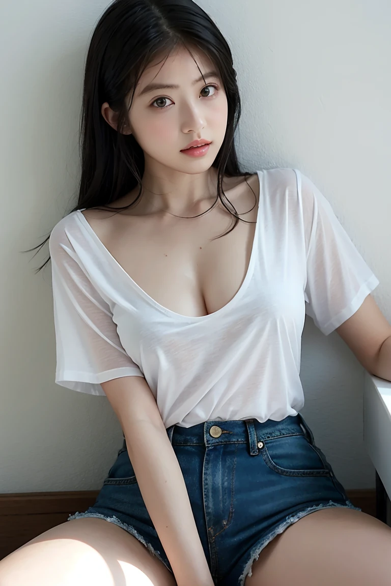(8k, RAW photo, best quality, mastery: 1.2), high-detail RAW color photo professional close-up photo, (realistic, photorealistic: 1.37), ((best quality)), (best shadow), (best illustration), ((very oversized shirt, button down shirt, open shirt)), no panties, collarbone, no bra, (small chest: 1.2), small, super high resolution, very detailed CG unity 8k wallpaper, physically based rendering , film lighting, (bokeh:1.4), (1girl at home), looking at viewer, half body, shapely, (slim waist), ((puffy eyes)), black hair, (pubic hair), (oval face), broad shoulders ,Complicated lace hair accessories,(PureErosFace_V1:1),Shooted with Sony a9 II mirrorless camera, [:(High detail face: 1.2):0.2],ulzzang-6500-v1.1 ,