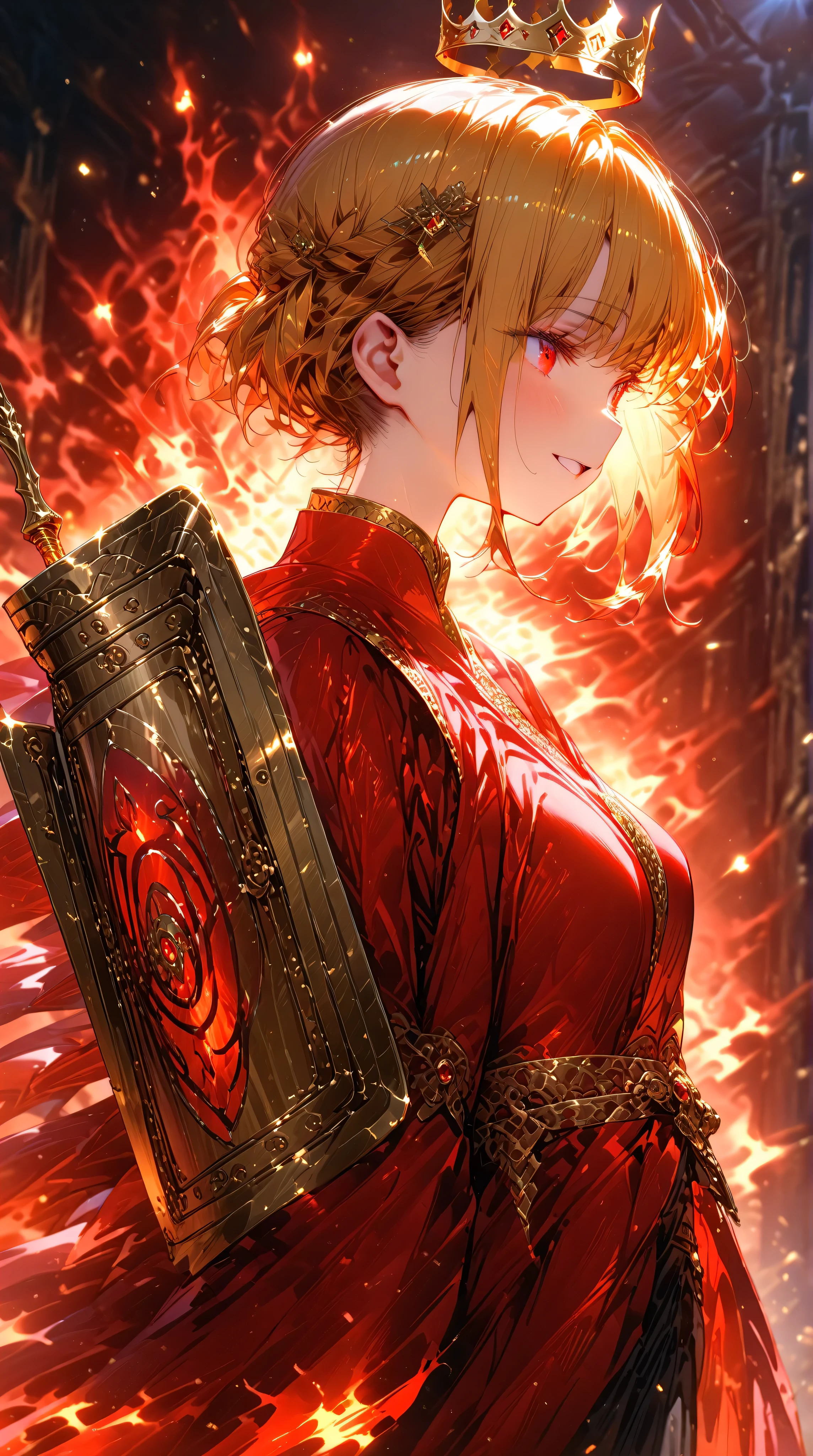 (( Masterpiece, high image quality ,8k)),(( very detailed , perfect picture)),( Complete Technique),(ultra detailed),((cowboy shot)),crown,(knight wizard), red clothes,flaming background,((from side,facewoward,turning the face and body to the right)),(Open your mouth wide ),(Downward glance), boyish,Open your mouth wide,smile, wands,(A cool adult woman),(( one adult woman)),adult,(slender),( Golden Hair ),god々Shii,(Red Sun),(pixie cut),chest, red eyes,male,shield,fire ball