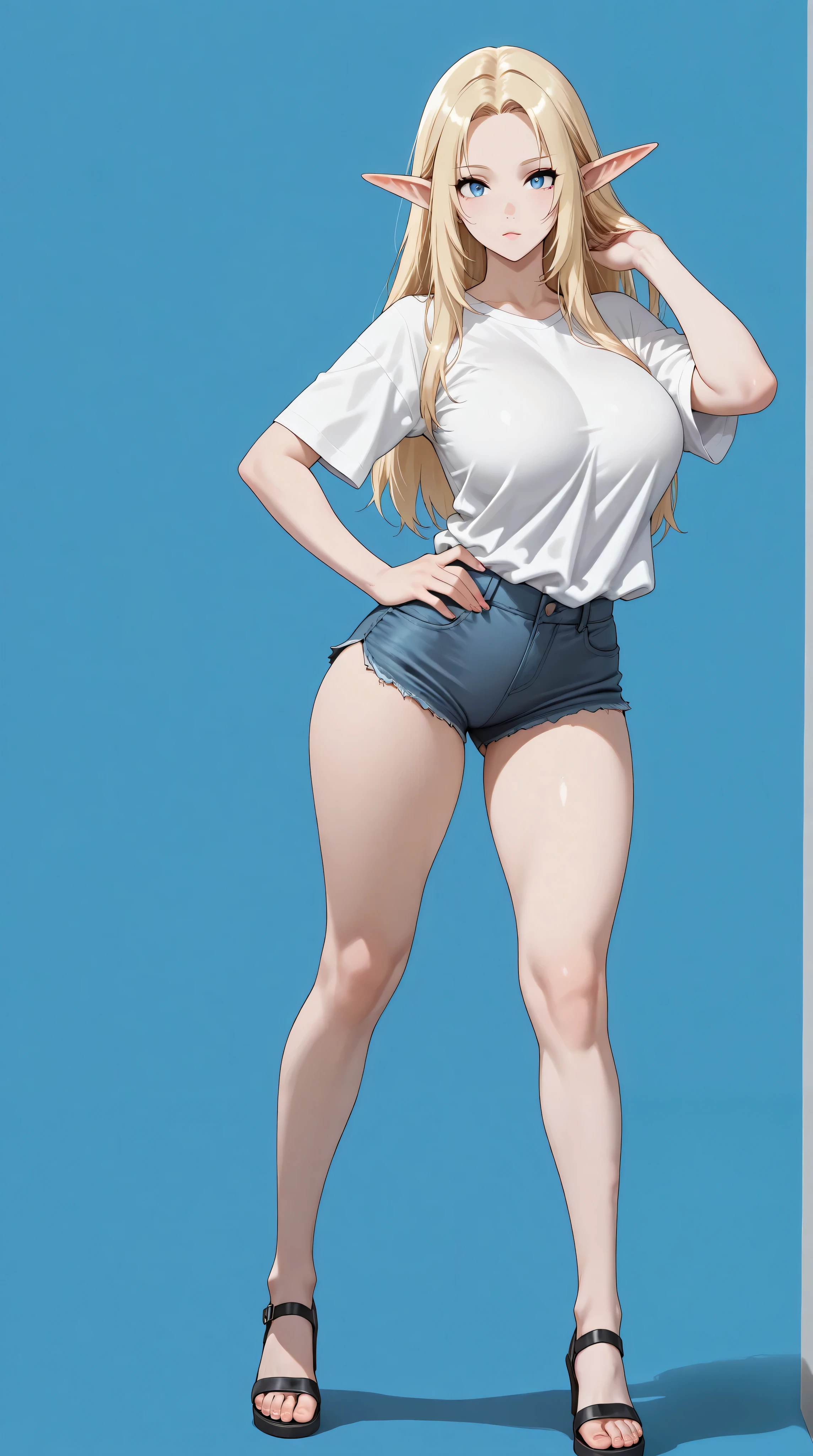 masterpiece,extremely detailed,perfect skin texture,4k,solo,1girl, alpha,blue eyes, blonde hair, pointy ears,((fullbody)),slim body, sexy legs,perfect body,large breasts,grey hot pants,((white shirt)),soft light, high detailed, best quality, upper body, blue plain background ,blue background,looking at viewers,front look,sexy pose, photography,cowboy shot,doggy style