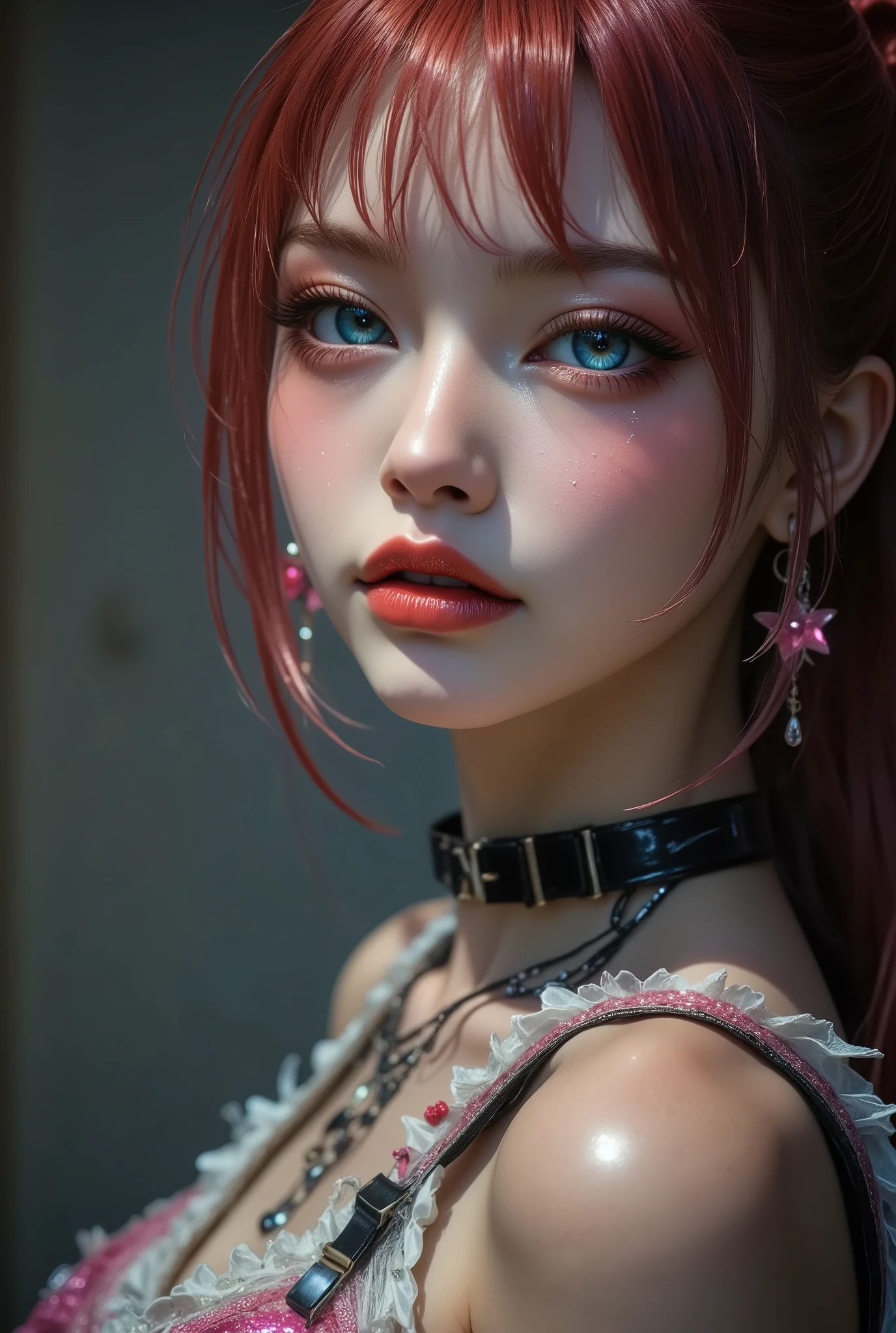 ((solo, 1woman, (TakashiroHiroko, dark purple eyes, red hair, long hair), lipstick, Extremely detailed, ambient soft lighting, 4k, perfect eyes, a perfect face, perfect lighting, a 1girl)), ((solo, (1woman, lipstick), Extremely detailed, ambient soft lighting, 4k, perfect eyes, a perfect face, perfect lighting, a 1girl)), , ((fitness,, shapely body, athletic body, toned body)), ((black dress, frilly dress, mechanical arms, mechanical prosthetics, automaton, theater, sapphire jewelry, gold jewelry, cyberpunk prosthetics, black chains))