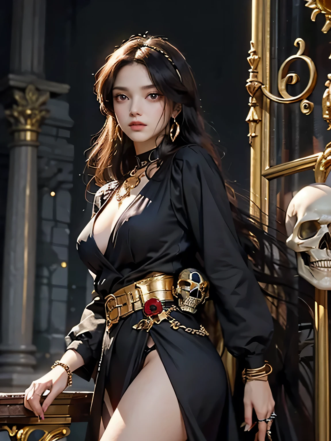 1 girl, solo, details, masterpiece, best quality, photorealistic realism, beautiful girl, long hair, black hair, skull headband, gold earrings, (((red eyes))), beautiful face, skull necklace, perfect body, large breast, open chest, black long dress, skull bracelet, gold earrings, gold belt, (((black panty))), musical instrument, stand near ancient chair, dark sky, dark temple,