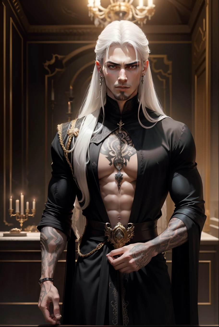 (8k,shipmentsrrealista shipments Maximum quality;1.4) (1 young boy) Super handsome king of the underworld (lifelike face) (long white hair with gray tips, bright white floral hair) slenderbody Muscular and hairy and macho Shiny light gray floral aristocratic costume with large golden eyes bright light gray floral decoration Fangs peeking out of the mouth Pointed claws a seductive gaze Beautiful expression A hyper-realistic (King of the Underworld) appealing (real looking skin) super high resolution high détail Luxury light grey floral pants gray rose aura emanating from the body effect grey floral transparent cover