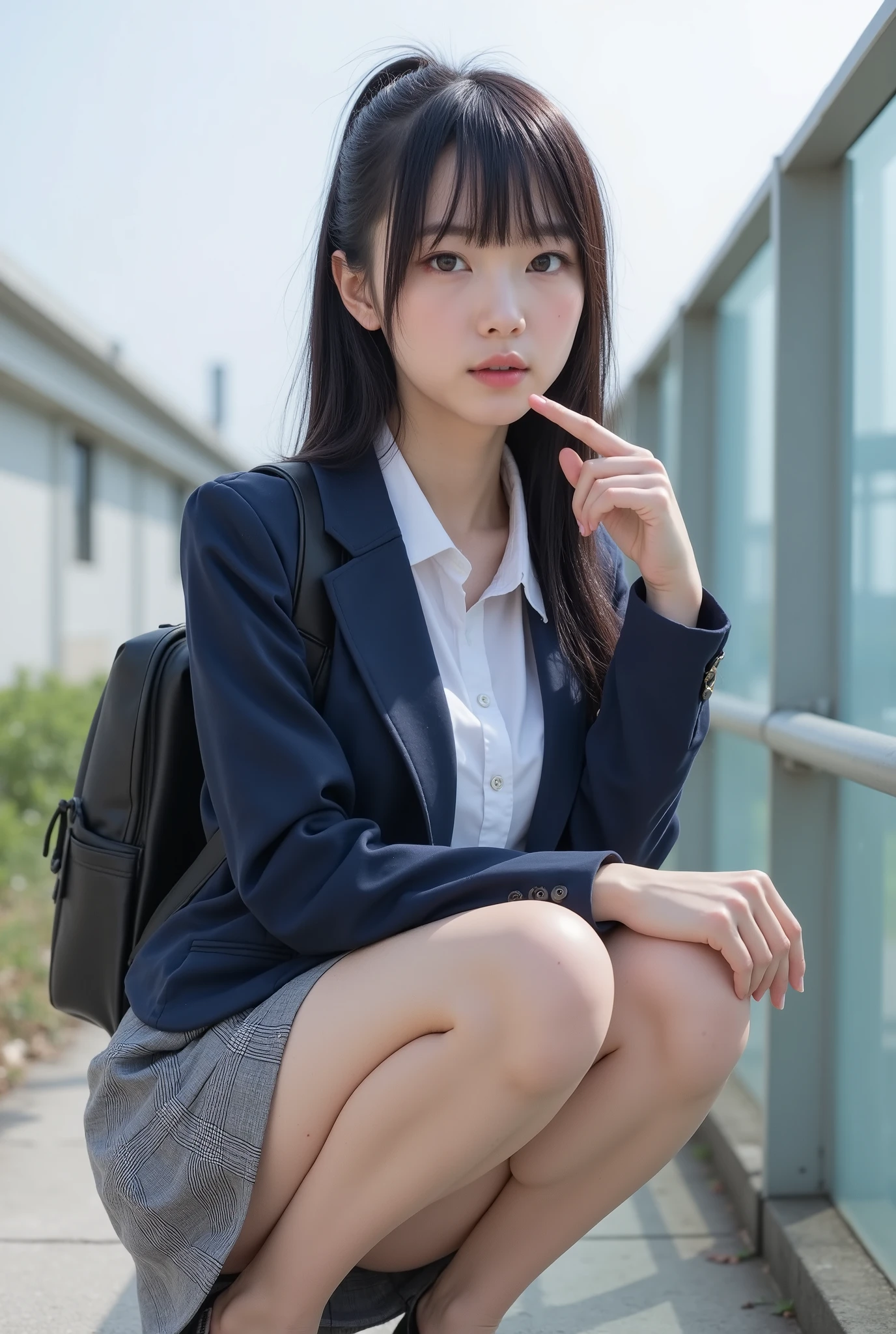 portrait photography,masterpiece, nsfw,8k,16k
(tidy Japanese Girl, 157 Height cm,pale skin),((shot from above)), big breasts,((focus on lip,sucking thumb:1.3)), (sensual glamorous lower body:1.3), professional lighting,clear sky,
( 1 girl,Japanese standard petite immature fleshy body , head-body-ratio 1:6), tilting head,Narrow shoulder width, Wide pelvis, big butt, thick short legs, (fat thick ankels, rich fat short calves,short thighs:1.3), sucking thumb,
black hair,Shiny straight short ponytail hair With bangs,
(baby face, Round face, Droopy eyes,hazel color eyes, natural makeup ),revealing white pantie between skirt and legs,
Wearing navy japanese school short tight uniform jacket suit with medium-length grey checked skirt,white collared shirt,gap between jacket and shirt,navy color short socks, loafers, backpack on shoulder,
squatting with random sensual posing in overpass stairway,Focusing on calves,
85mm, Official AR RAW photos ,(Realistic,Ultra Details), best quality,Chromatic aberration,
Anatomically correct, textured skin,top of head
