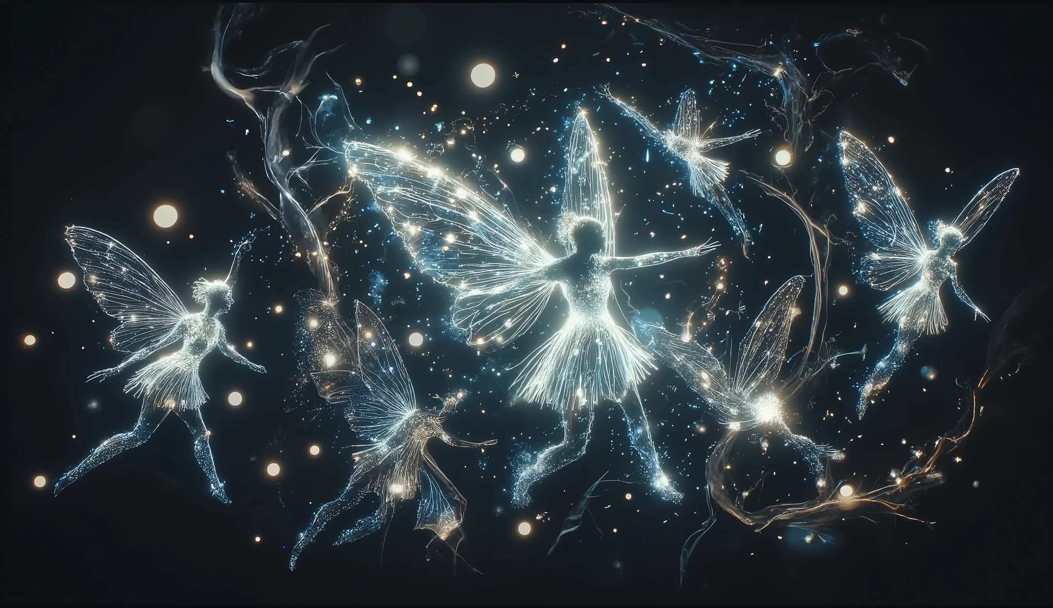 ethereal digital illustration of tiny luminescent fairies dancing through a pitch-black void, inspired by James Jean's dreamy style, delicate fairy wings emitting soft pearl-white glow, surrounded by swirling fireflies and sparkling light motes, fairies showing expressions of pure joy and wonder, dramatic rim lighting creating silhouettes against darkness, mystical nighttime atmosphere --v 5 --stylize 1000