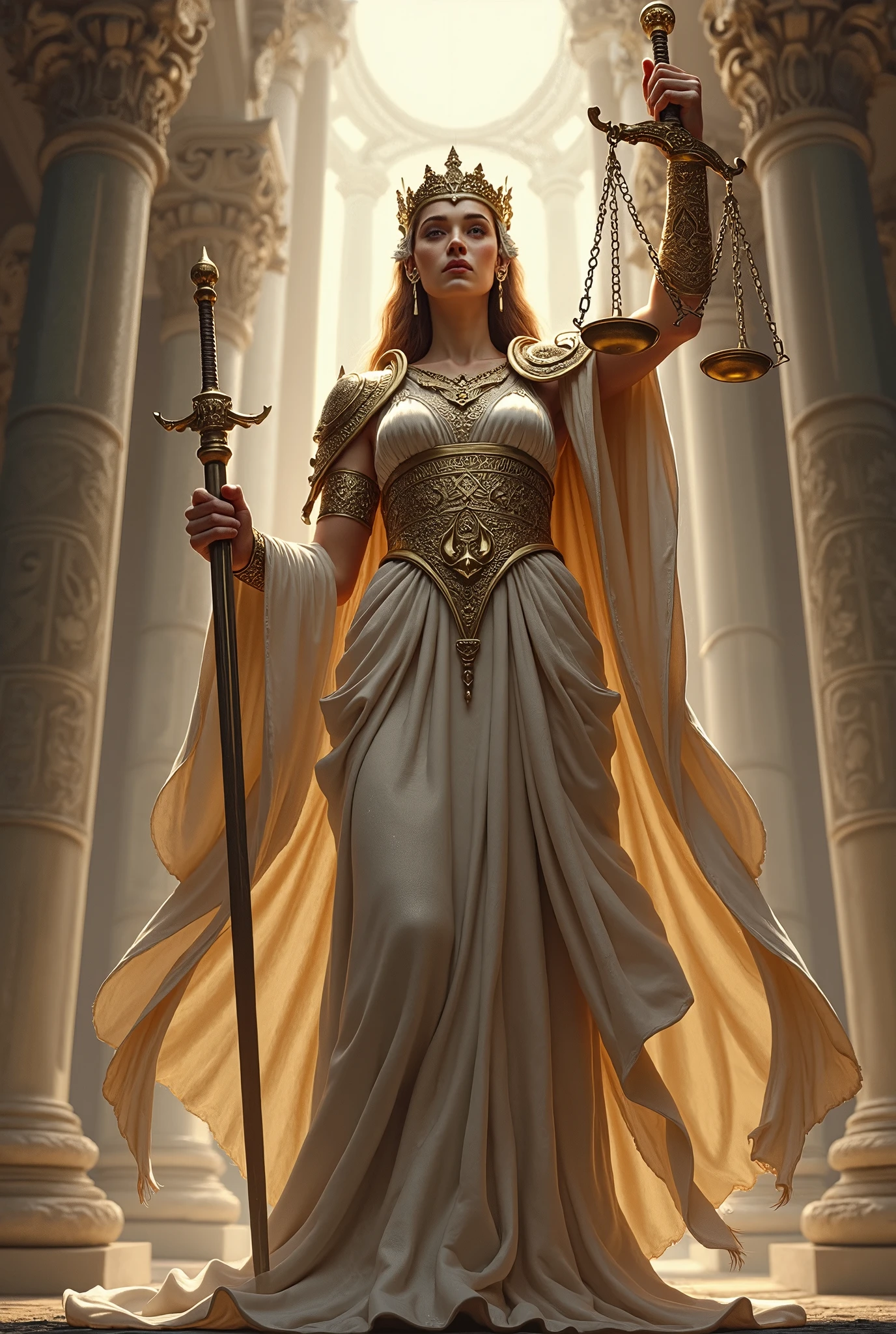 (anime style, high detail, enormous statue of Artemis, goddess of the hunt, holding a bow and arrow, gracefully poised, detailed flowing robes, forested temple setting)