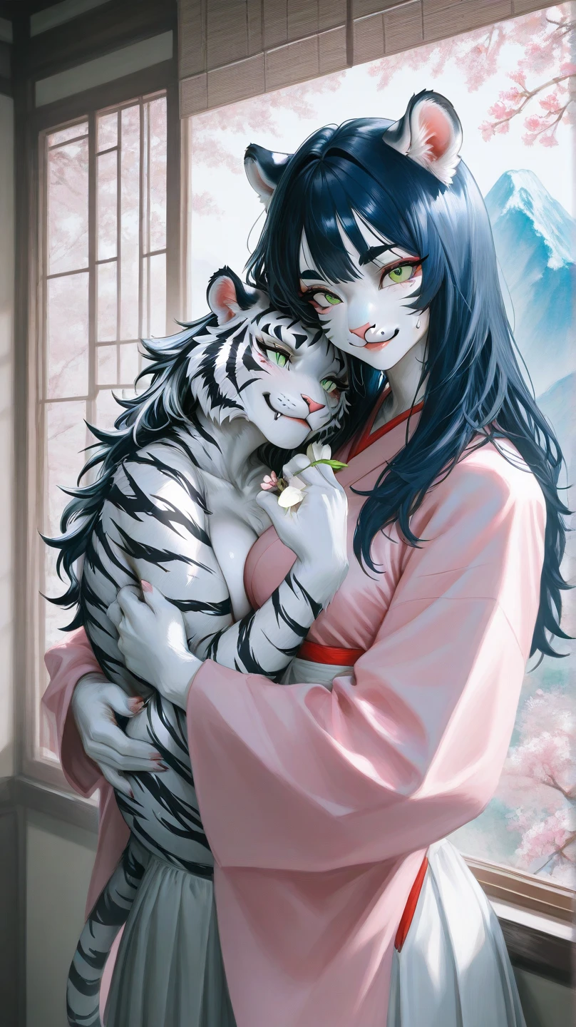 Perfect Anatomy、Masterpieces、It looks like it's coming out of the screen.、Magic Art、Trick Art、、Cyan ulblackholetech、cute、Highest quality、Masterpiece、Official Art、Dynamic composition、Super detailed、Perfect Anatomy、a human girl hugging a fluffy white tiger plush from the four symbols of the Chinese zodiac.、Messenger of the White Tiger、black and white、Tiger pattern、背景はblack and whiteのタイガー柄、TigerstripeAI、