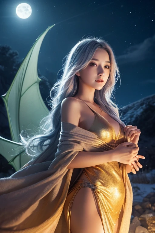 a beautiful 21yo woman with (a little white dragon in her arms), surrounded by white clouds, looking away, piercing eyes, fairyland at background, detailed face, detailed skin, dream, ultra wide angle, centered