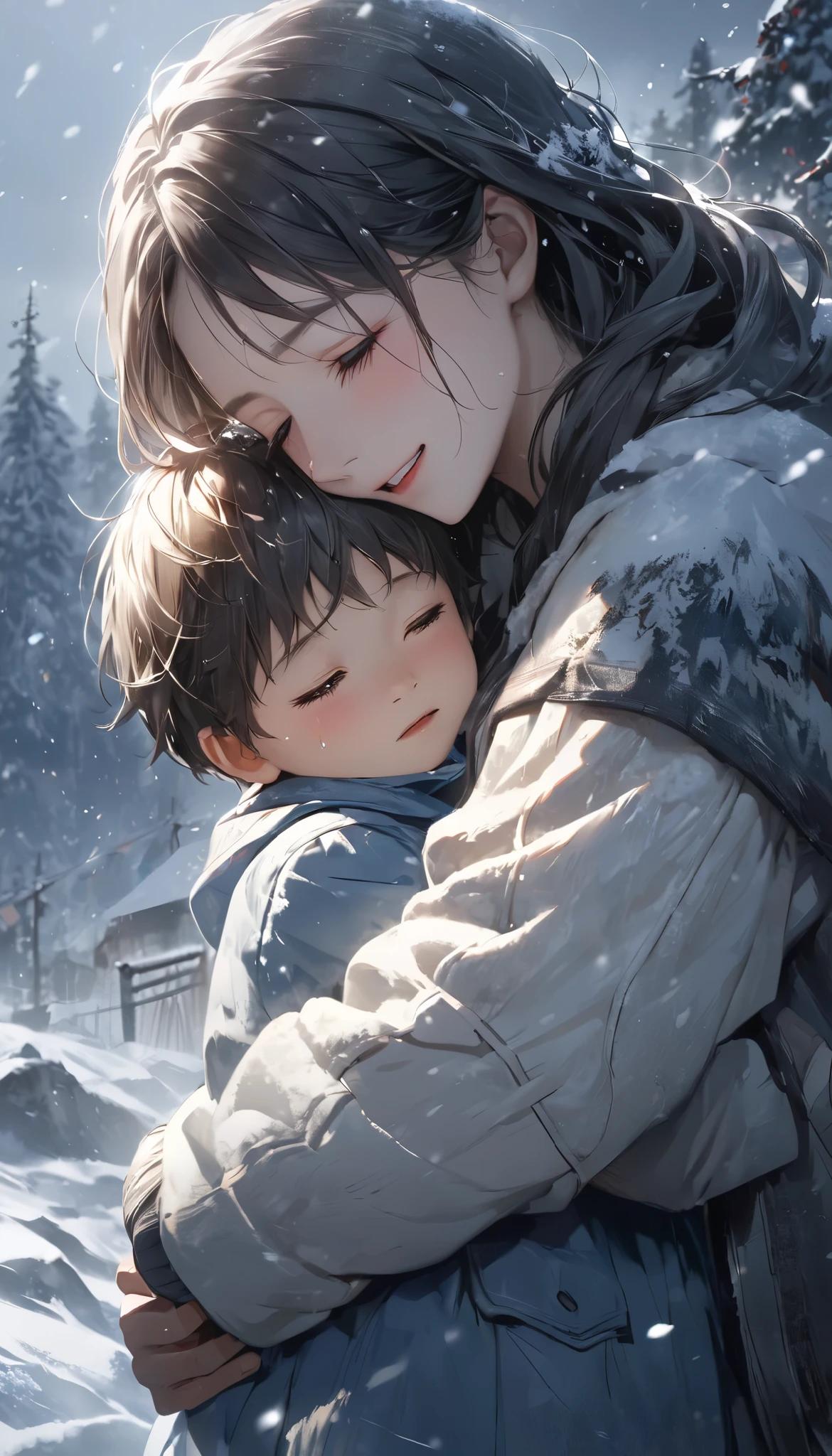 Extreme Resolution, illustration, Warm embrace,  An Exhausted Mother Hugs Her Son Strongly ,  Relief Overflowing from a Sense of Loss , Miraculous Rescue Drama ,  The muddy son is shedding tears from joy, Dirty appearance ,  Revived Happiness ,  Dramatic Resurrection ,  in the forest shrouded in darkness ,  dark tone background , A dramatic reunion,  Hope Produced by Light Illuminating the Darkness ,  Please use the concept theme of happiness that has survived from despair,  A Warm Scene Where Viewers Shed Tears ,  Producing Light Expressing Impression , Aesthetics created by colorful transparent light, High color rendering transmittance spectrum, Realistic Fantasy, Artistic New World, ROUGH,  BREAK The boy's face is dirty with mud , \ lost in the forest and was in distress ,  he sheds emotional tears at his reunion with his mother \, Soft light that blesses the warm bond between two people , super realism, 