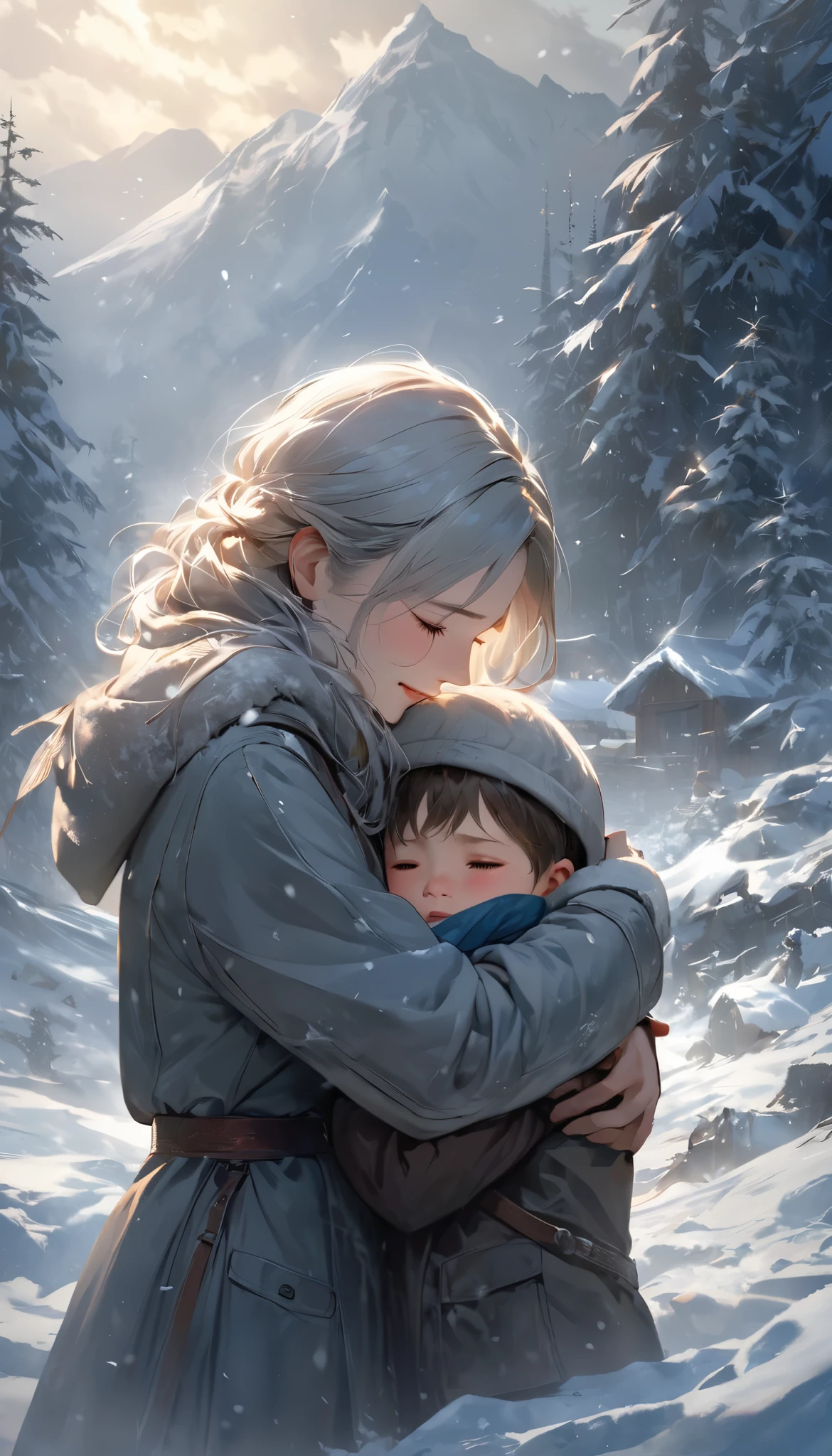 Extreme Resolution, illustration, Warm embrace,  An Exhausted Mother Hugs Her Son Strongly ,  Relief Overflowing from a Sense of Loss , Miraculous Rescue Drama ,  The muddy son is shedding tears from joy, Dirty appearance ,  Revived Happiness ,  Dramatic Resurrection ,  in the forest shrouded in darkness ,  dark tone background , A dramatic reunion,  Hope Produced by Light Illuminating the Darkness ,  Please use the concept theme of happiness that has survived from despair,  A Warm Scene Where Viewers Shed Tears ,  Producing Light Expressing Impression , Aesthetics created by colorful transparent light, High color rendering transmittance spectrum, Realistic Fantasy, Artistic New World, ROUGH,  BREAK The boy's face is dirty with mud , \ lost in the forest and was in distress ,  he sheds emotional tears at his reunion with his mother \, Soft light that blesses the warm bond between two people , super realism, 