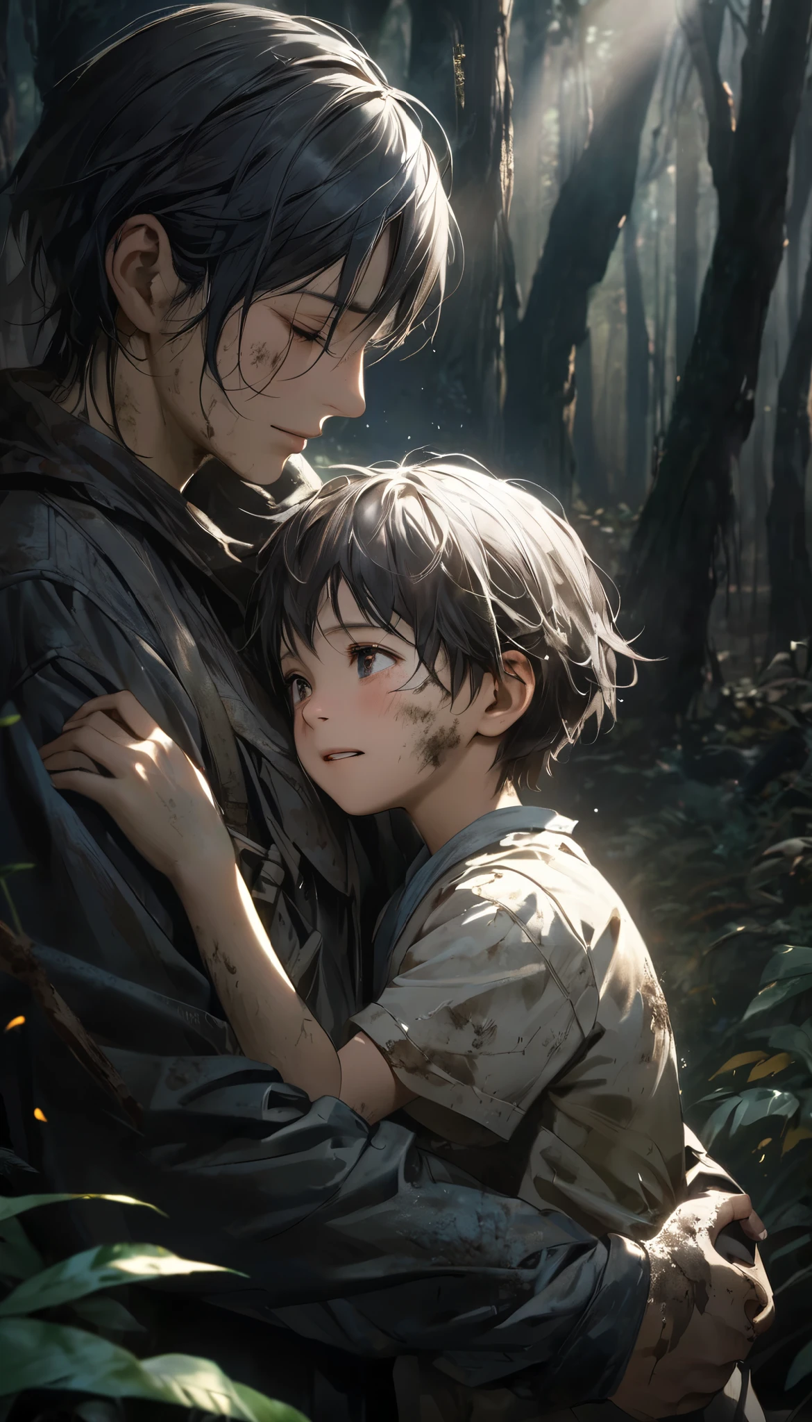 Extreme Resolution, illustration, Warm embrace,  An Exhausted Mother Hugs Her Son Strongly ,  Relief Overflowing from a Sense of Loss , Miraculous Rescue Drama ,  The muddy son is shedding tears from joy, Dirty appearance ,  Revived Happiness ,  Dramatic Resurrection ,  in the forest shrouded in darkness ,  dark tone background , A dramatic reunion,  Hope Produced by Light Illuminating the Darkness ,  Please use the concept theme of happiness that has survived from despair,  A Warm Scene Where Viewers Shed Tears ,  Producing Light Expressing Impression , Aesthetics created by colorful transparent light, High color rendering transmittance spectrum, Realistic Fantasy, Artistic New World, ROUGH,  BREAK The boy's face is dirty with mud , \ lost in the forest and was in distress ,  he sheds emotional tears at his reunion with his mother \, Soft light that blesses the warm bond between two people , super realism, 
